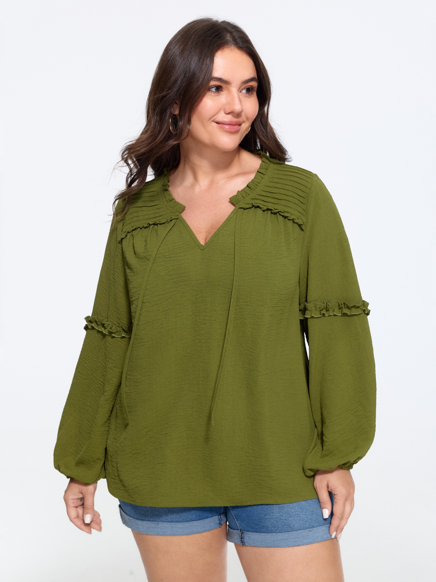 BloomChic Women's Plus Size Textured Ruffled Trim Pleated Shoulder Blouse Moss Solid Everyday-Casual Long Sleeve V-Notch Neck 10/M