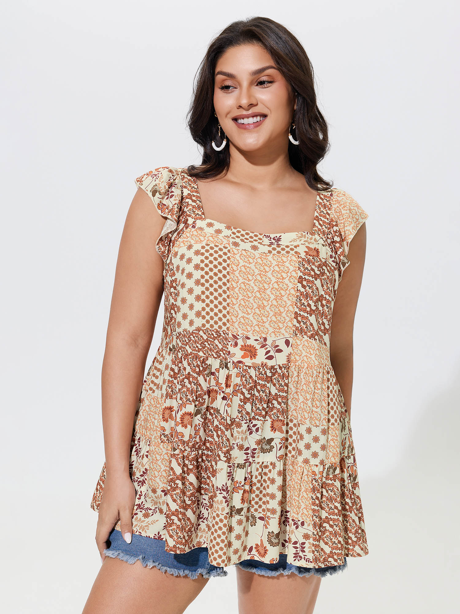 BloomChic Women's Plus Size Floral Collage Print Layered Tank Top Ivory Vacation A-line Square Neck 10/M