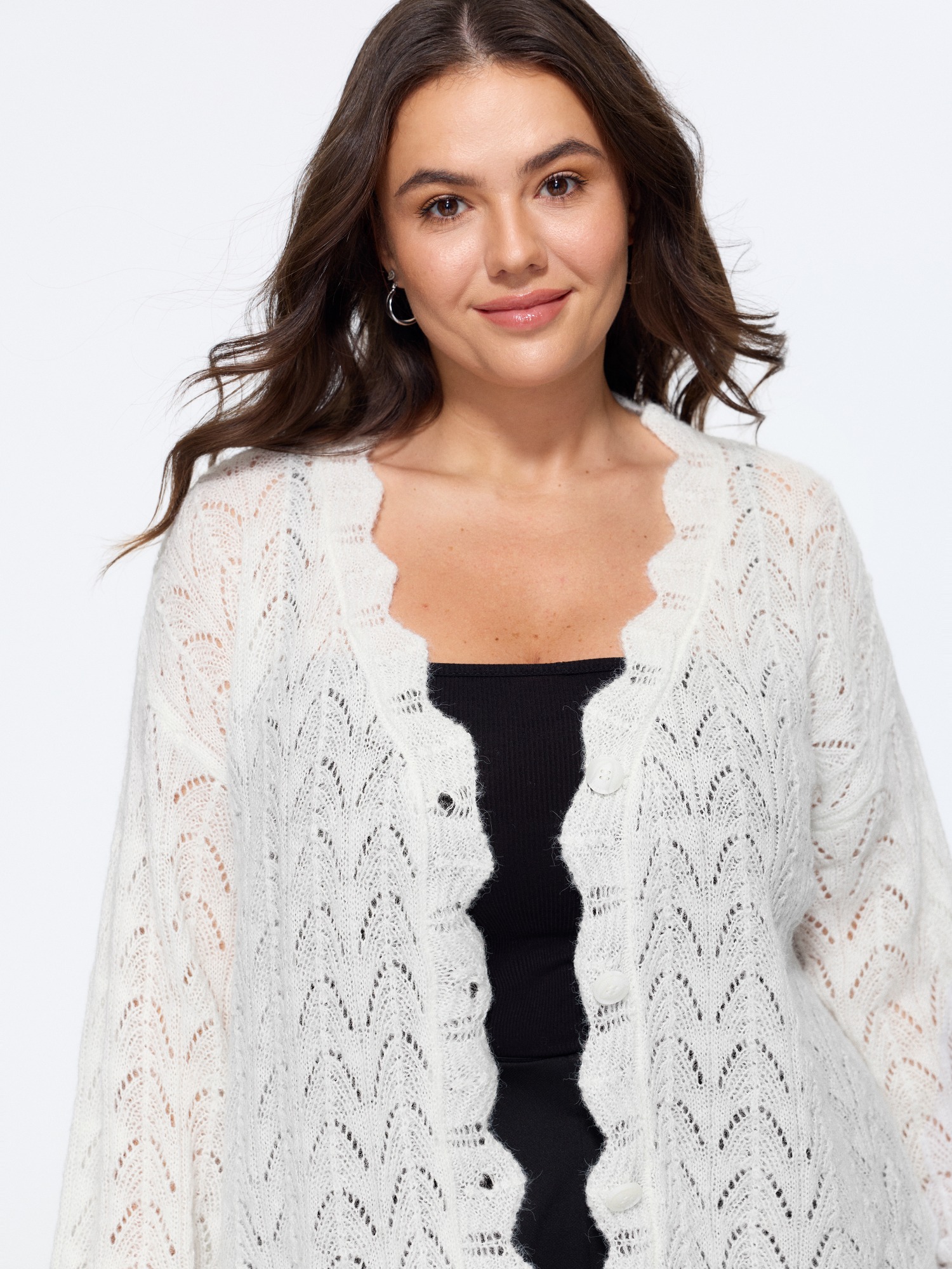 Bloomchic Scallop V Neck Button Down Cut Out Cardigan In Beige