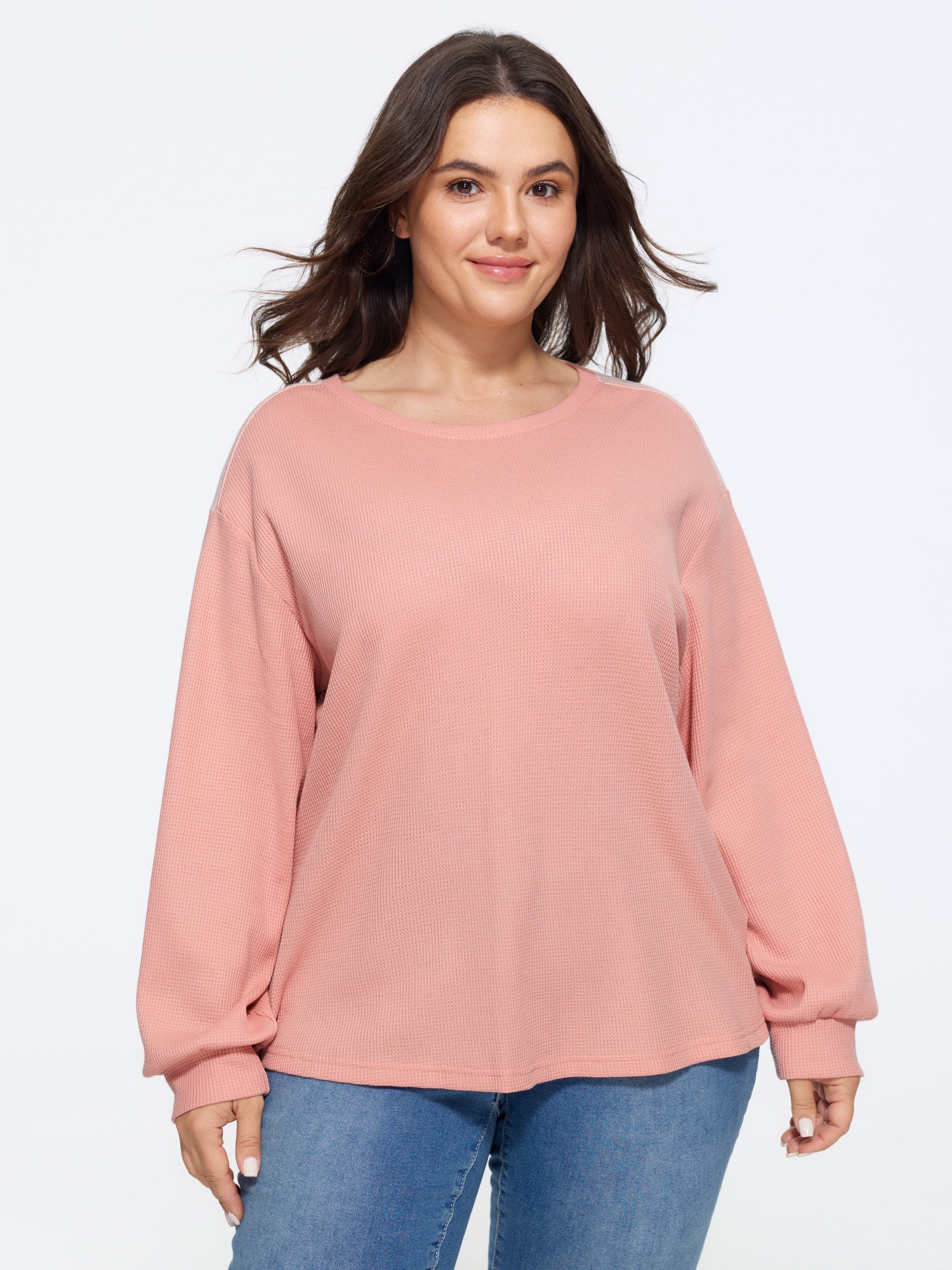 BloomChic Women's Plus Size Color Block Waffle Knit Crew Neck Sweatshirt Crepe Everyday-Casual Round Neck 10/M