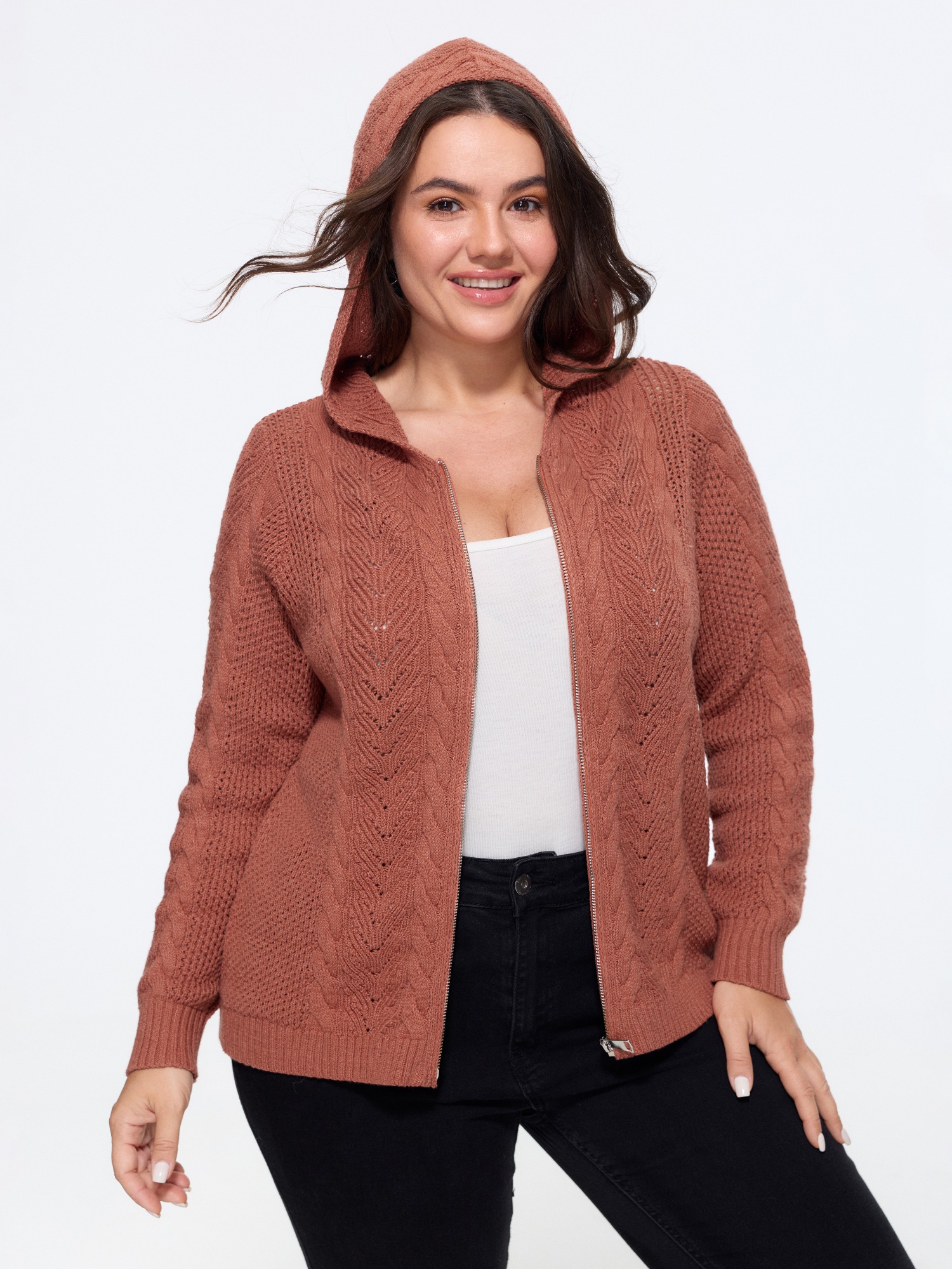 BloomChic Women's Plus Size Hooded Cable Knit Zipper Cardigan Yellowishbrown Long Sleeve V-Neck 10/M
