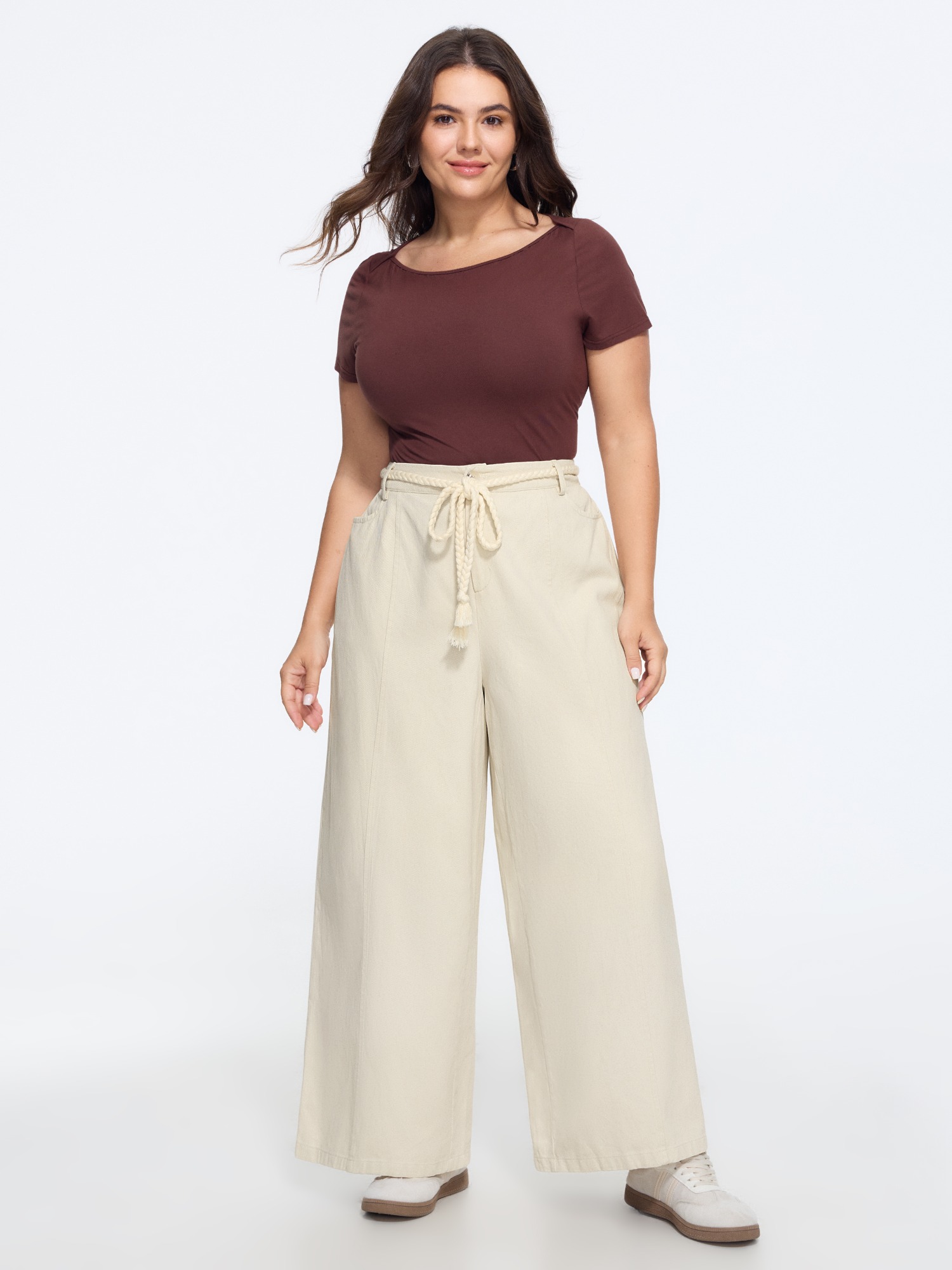BloomChic Women's Plus Size Solid Braided Tassel Drawstring Waist Wide Leg Pants Ivory Solid Wide leg Mid Rise Everyday-Casual 10/M