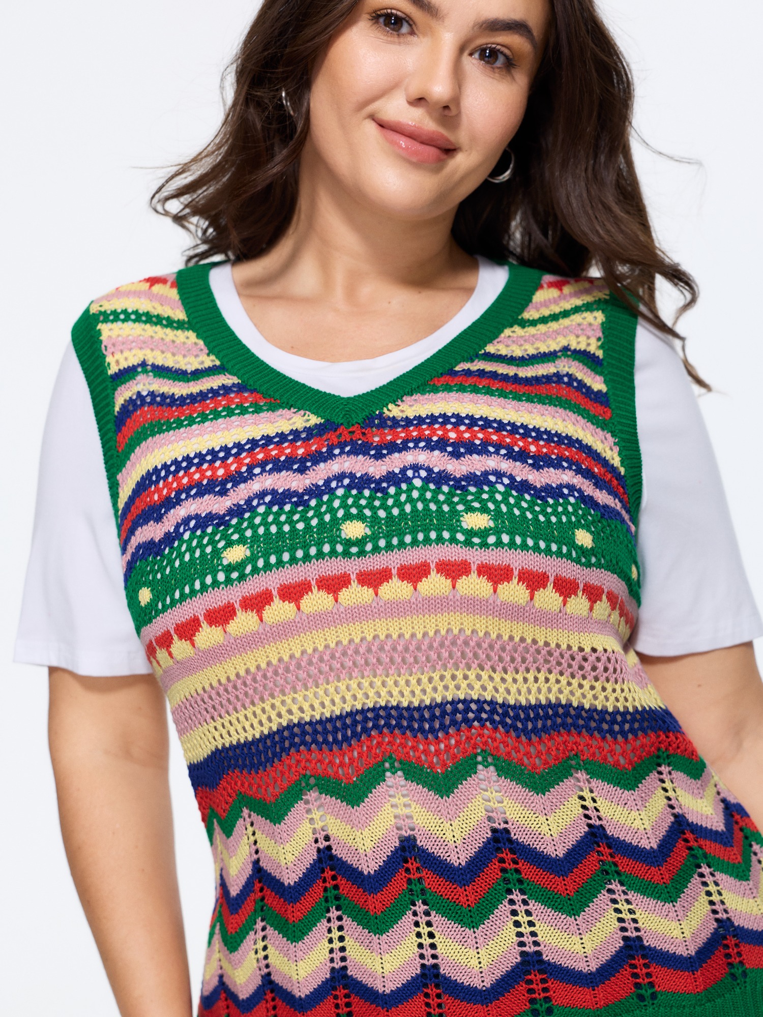 BloomChic Colorful Stripe Chevron Crochet Sweater Vest Women's Plus Size Women Multicolor V-Neck 10/M