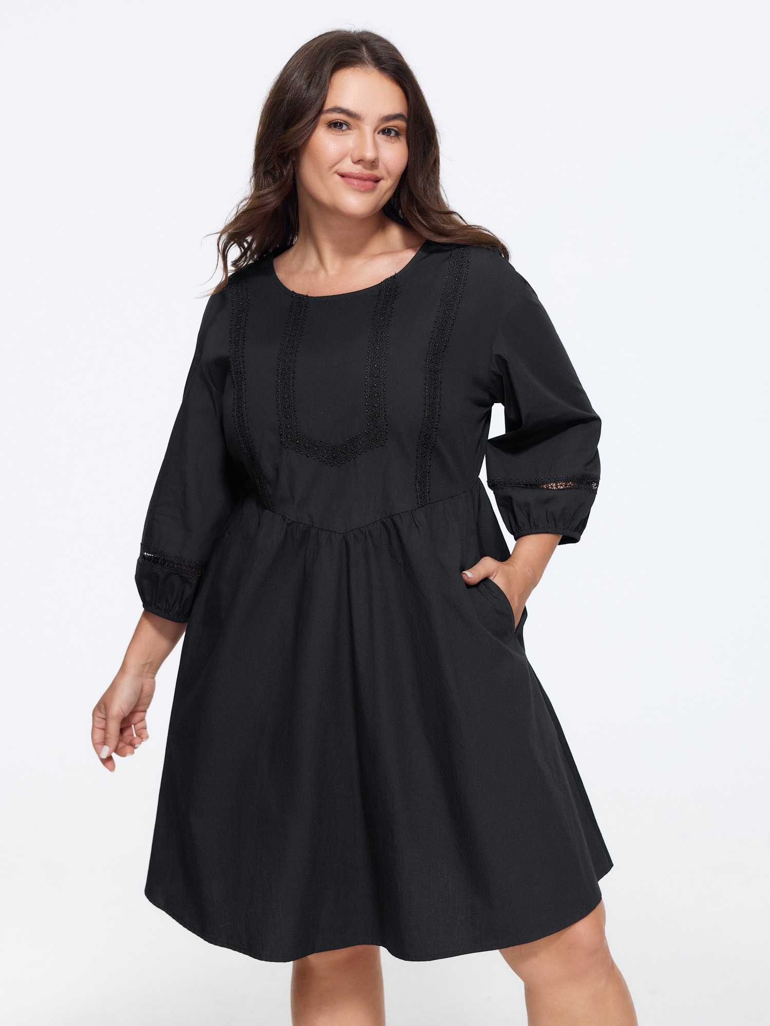 BloomChic Women's Plus Size Cotton Lace 3/4 Sleeve Babydoll Mini Dress Pureblack Solid Knee Length Everyday-Casual Patchwork 10/M