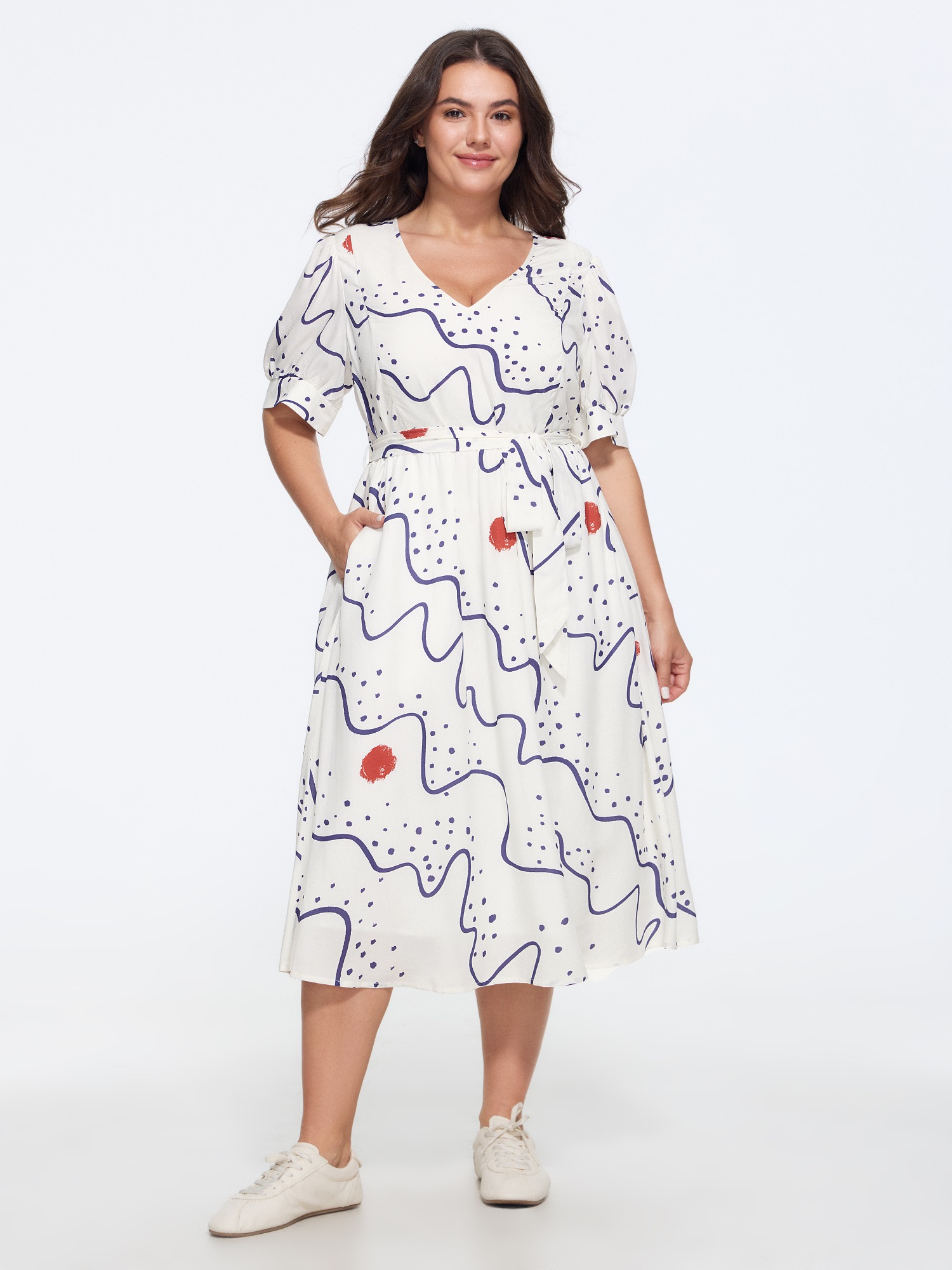 BloomChic Women's Plus Size Abstract Print V Neck Belted Midi Dress Originalwhite Abstract Midi Everyday-Casual Lace-Up 10/M