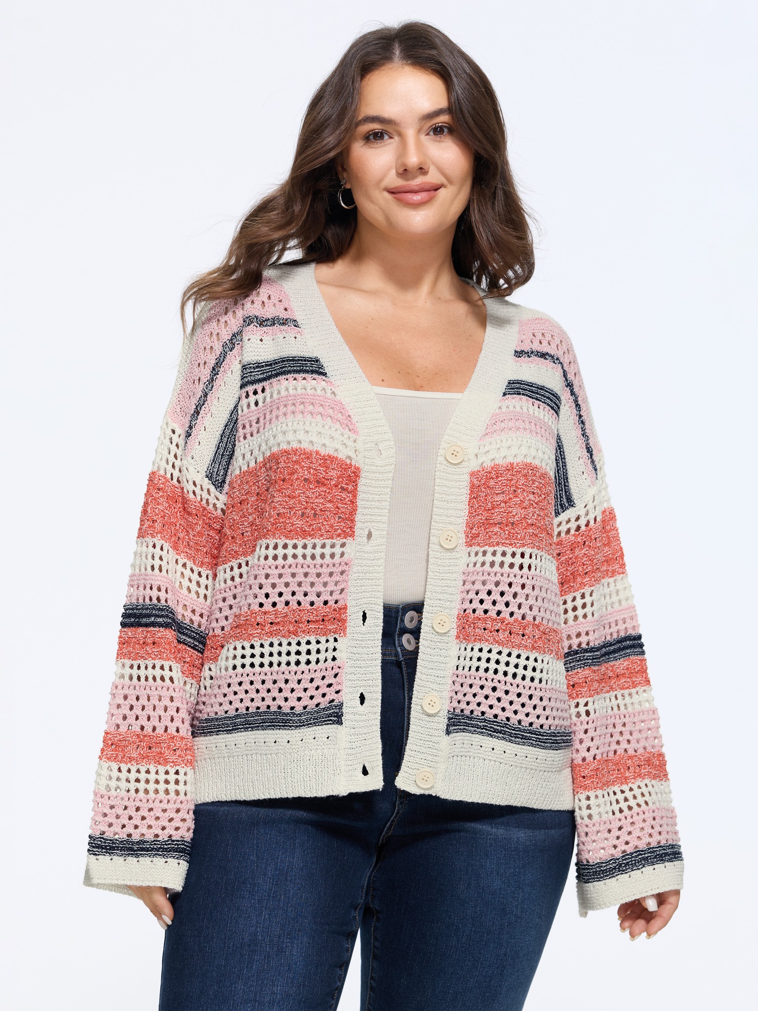 Bloomchic V Neck Striped Cut Out Button Down Cardigan In Blush