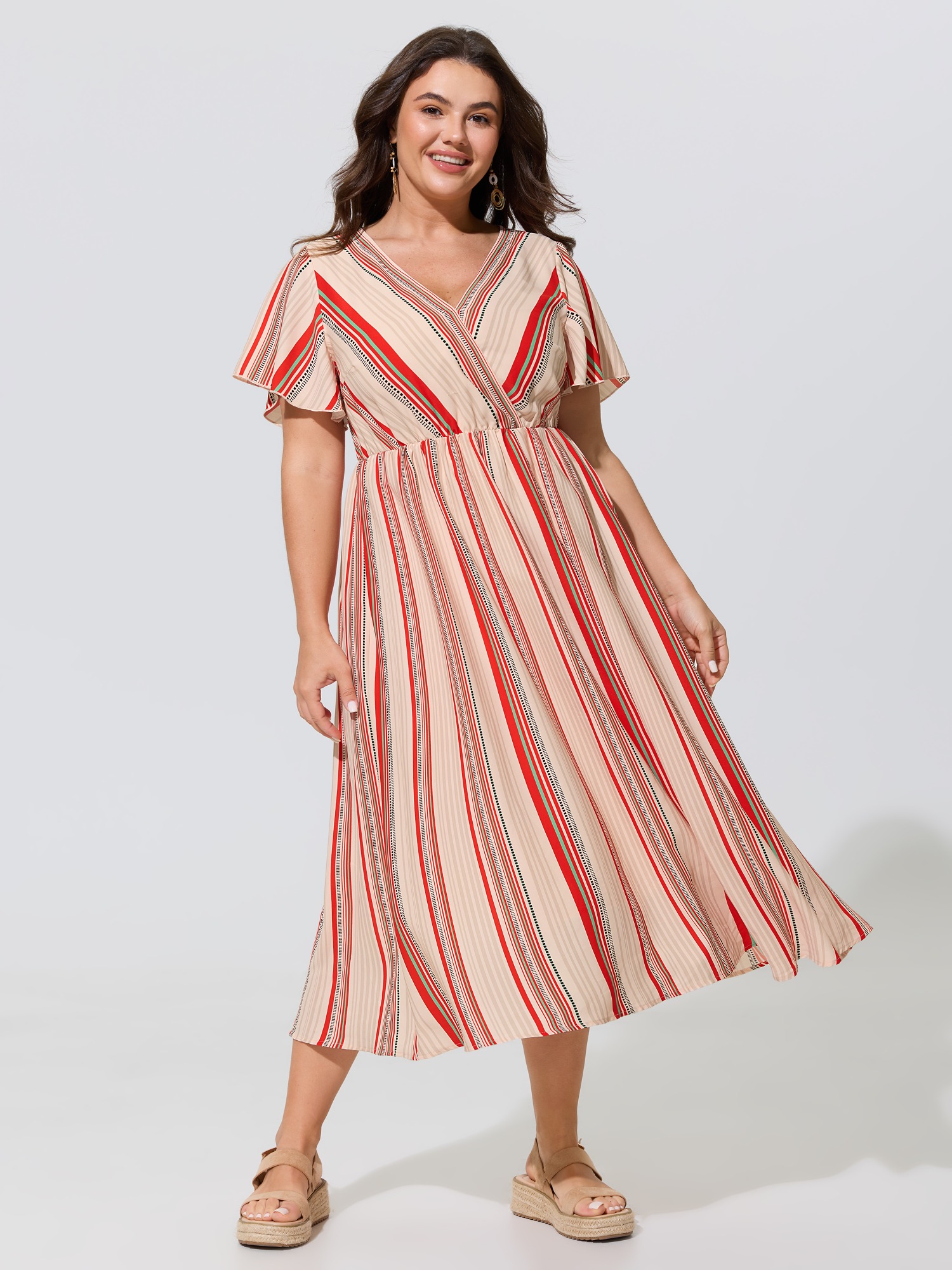 BloomChic Women's Plus Size Striped Wrap V Neck Flutter Sleeve Midi Dress OrangeRed Stripes Midi Vacation Wrap / Overlap 10/M