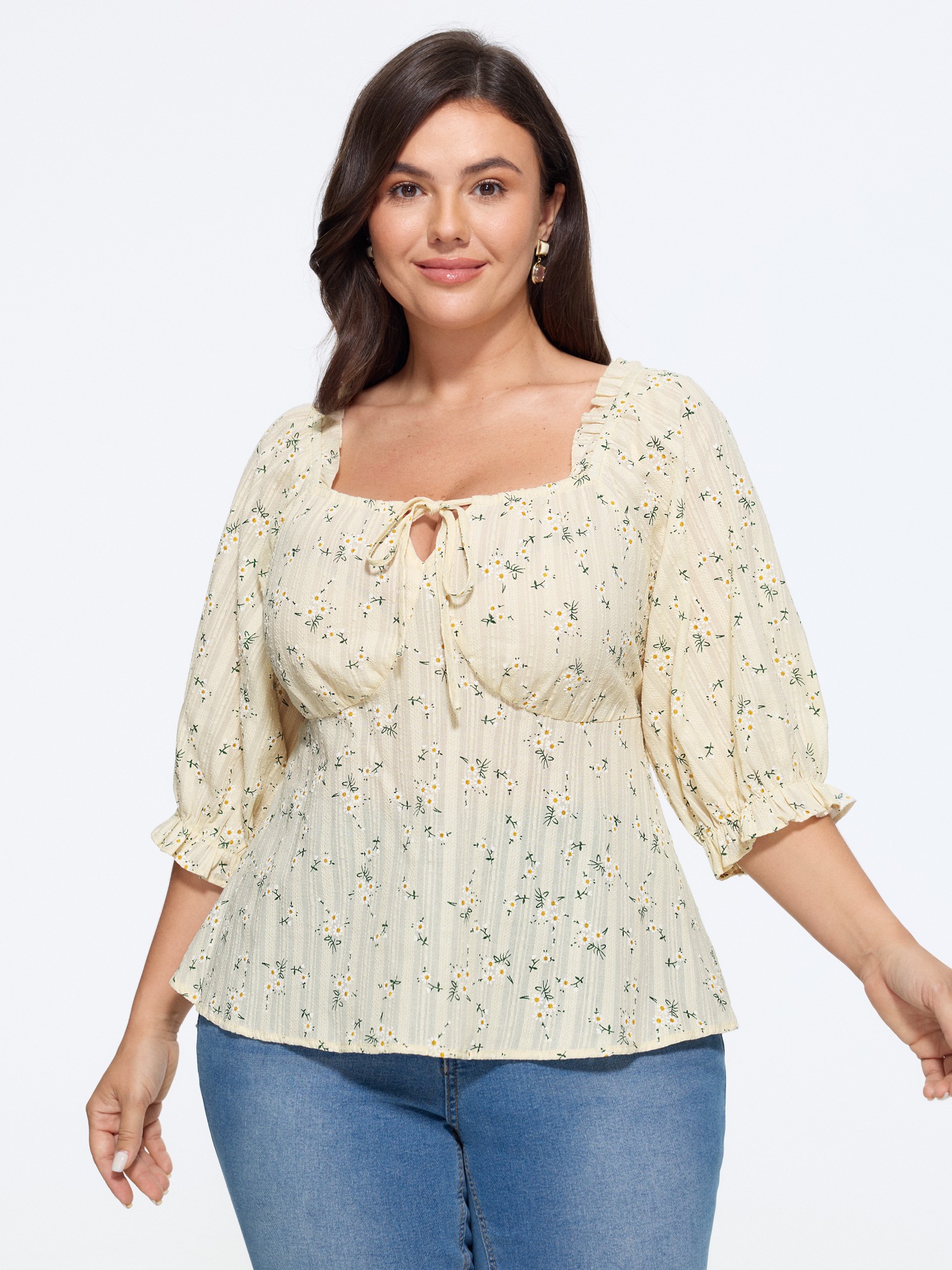Bloomchic Cotton Ditsy Floral Print Square Neck Tie Front Blouse In Beige