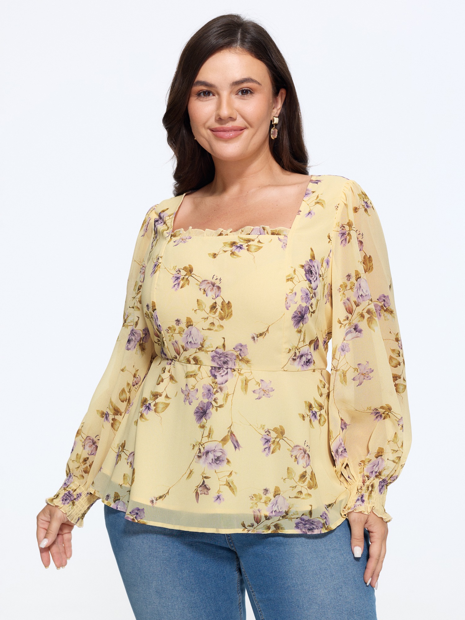 BloomChic Women's Plus Size Square Neck Floral Print Ruffle Chiffon Blouse Lightyellow Floral Everyday-Elegant Long Sleeve Square Neck 26/4X