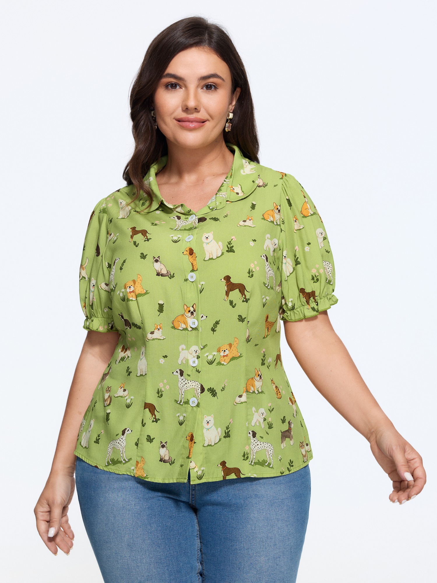 BloomChic Women's Plus Size Animal Print Puff Sleeve Button‑Front Blouse Daiquiri Green Animal Motif Everyday-Elegant Short sleeve Collared Neck 18-20/2X