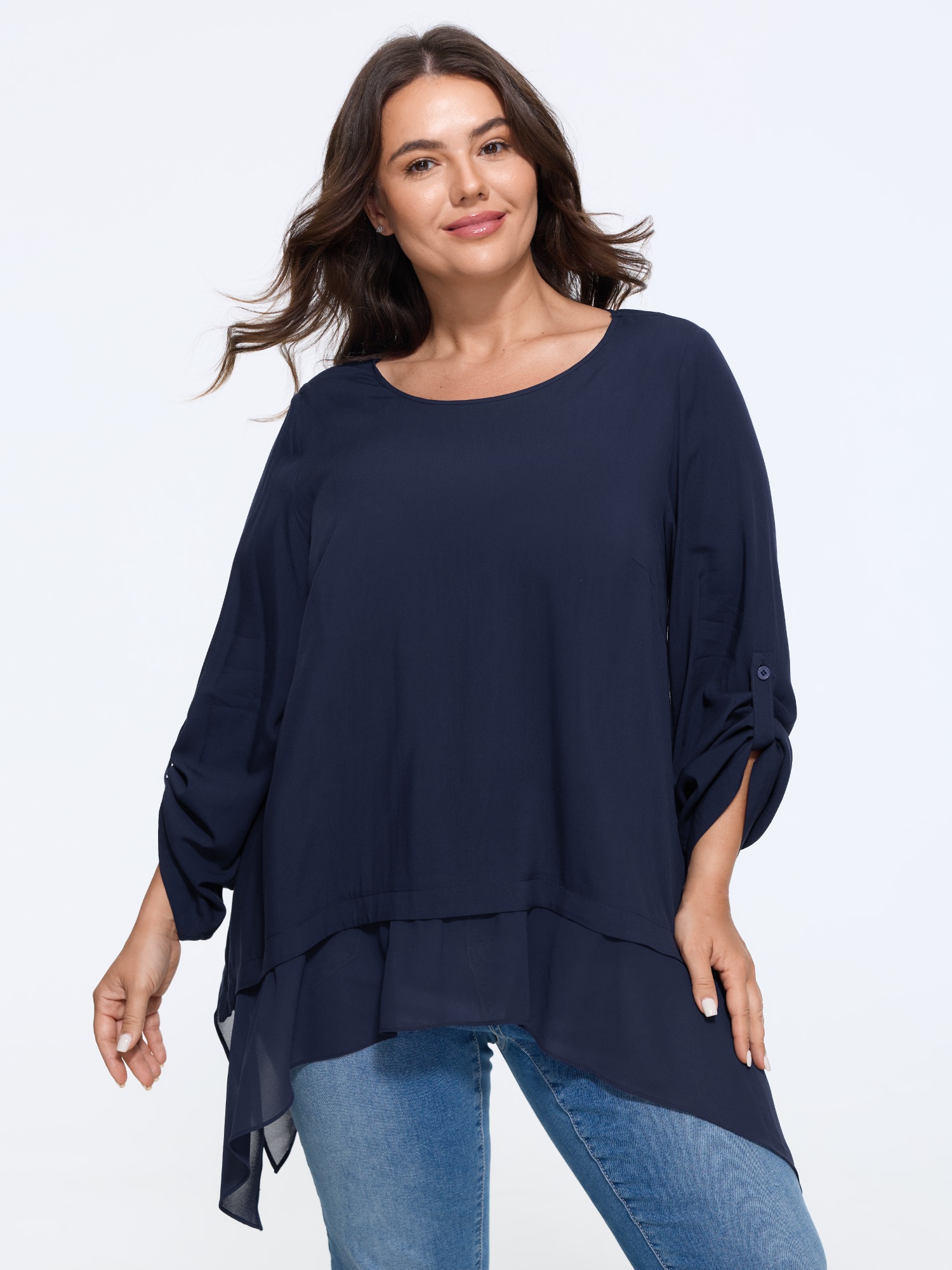 BloomChic Women's Plus Size Roll‑Tab Sleeve Layered Asymmetrical Hem Blouse Ocean Solid Everyday-Casual Long Sleeve Round Neck 10/M