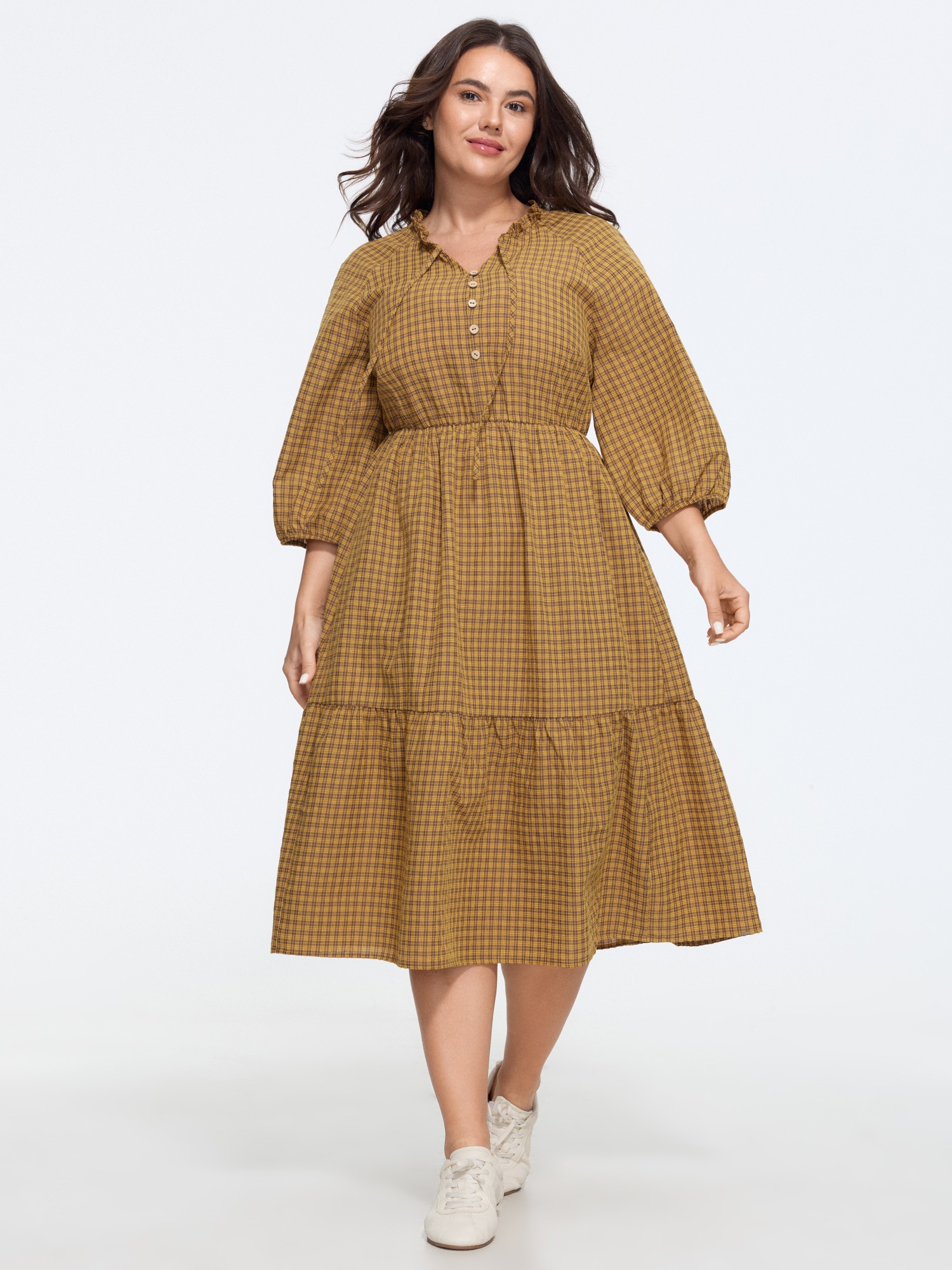 Bloomchic Textured Plaid Elastic Waist Tiered Midi Dress In Chocolate Lab