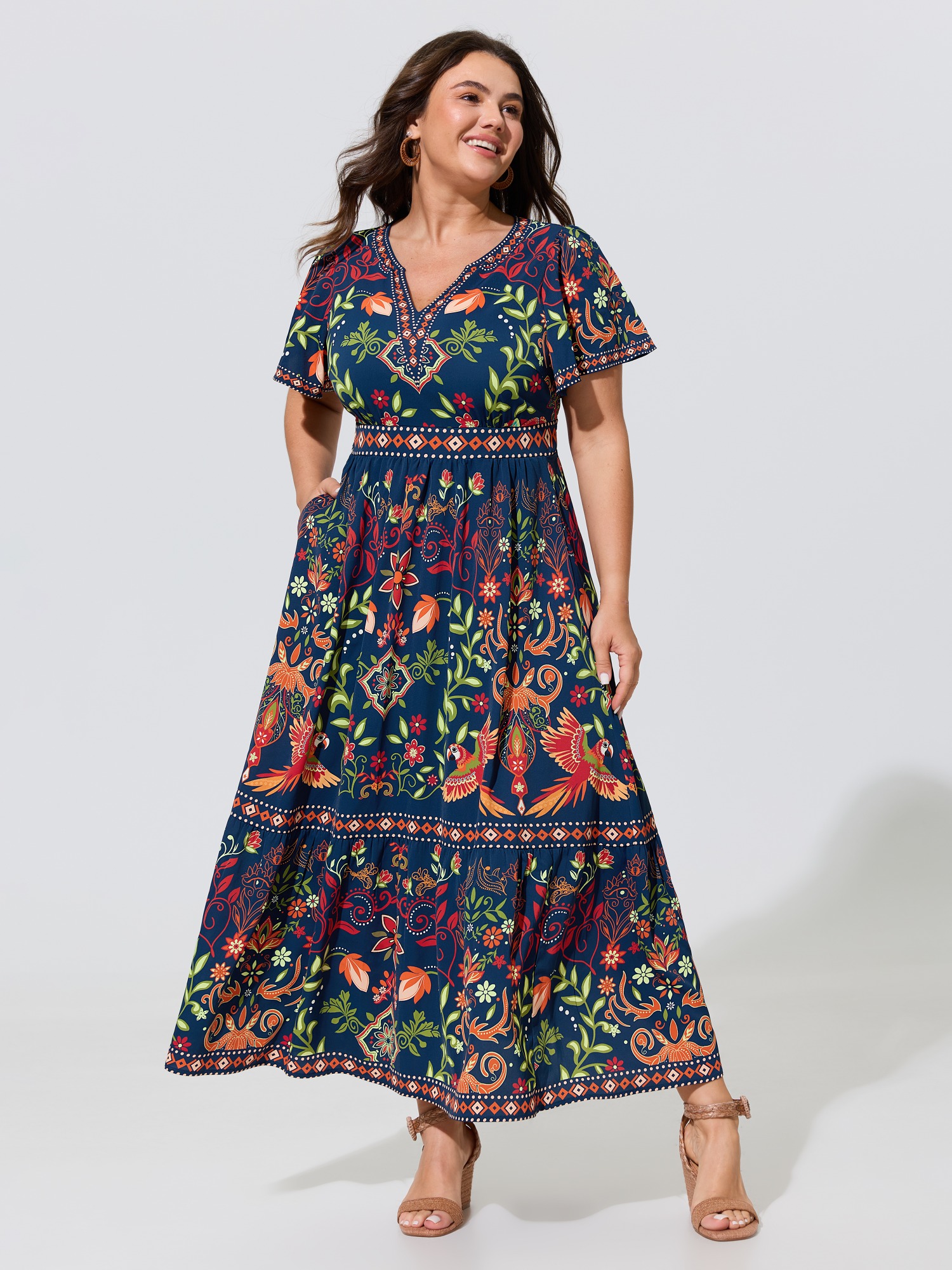 BloomChic Women's Plus Size Boho Floral Print Notched Collar Tiered Maxi Dress Multicolor Tropical Maxi Vacation 10/M