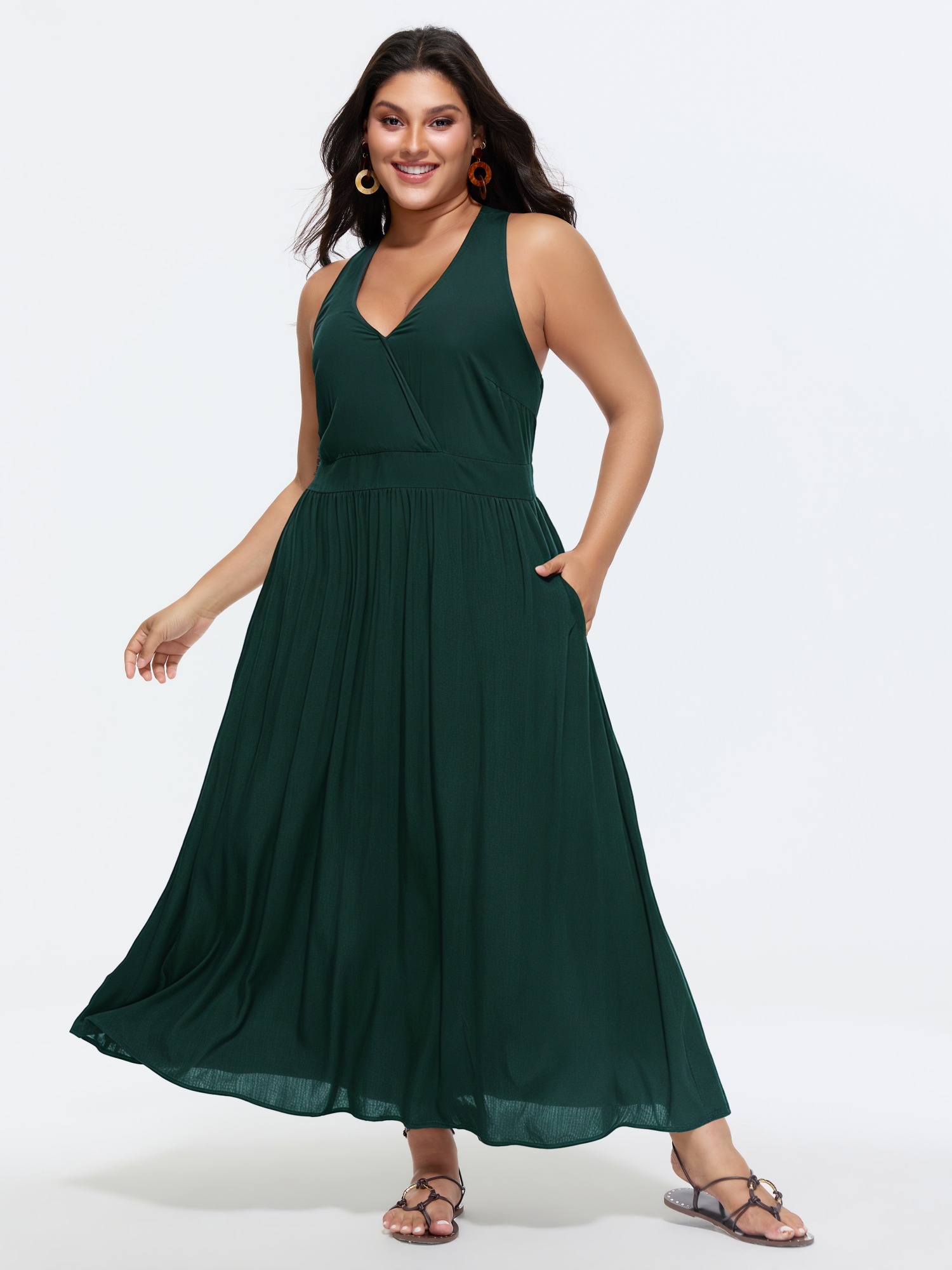 BloomChic Women's Plus Size Shirred Pockets Flowy Fit Maxi Dress Sea Moss Solid Longline Vacation 12/L