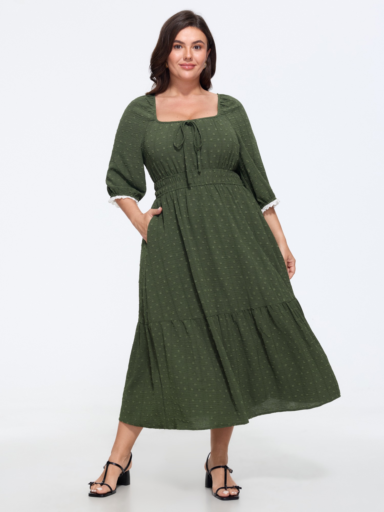 BloomChic Women's Plus Size Textured Square Neck Tie Lace Trim Midi Dress ArmyGreen Solid Midi Everyday-Elegant Smocked 10/M