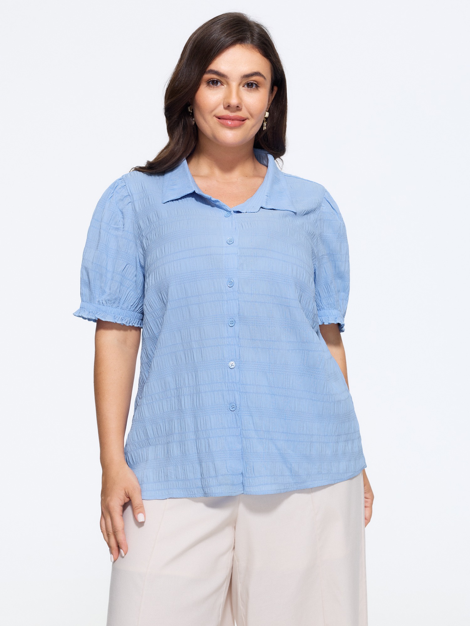 BloomChic Women's Plus Size Textured Collared Button‑Front Blouse LightBlue Solid Everyday-Elegant Short sleeve Collared Neck 10/M