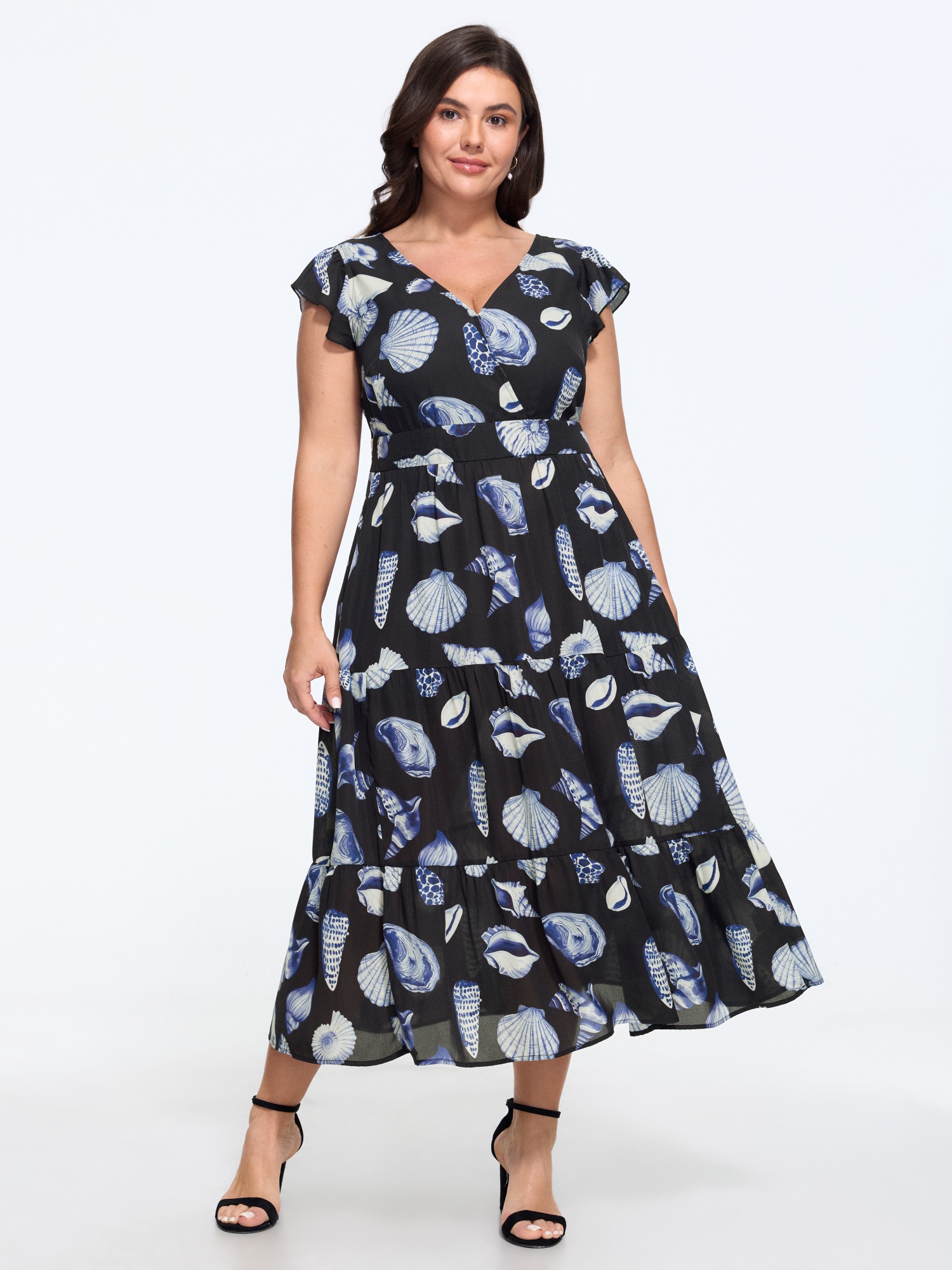 Bloomchic Seashell Print Tiered Ruffle Hem Midi Dress In Darkblue