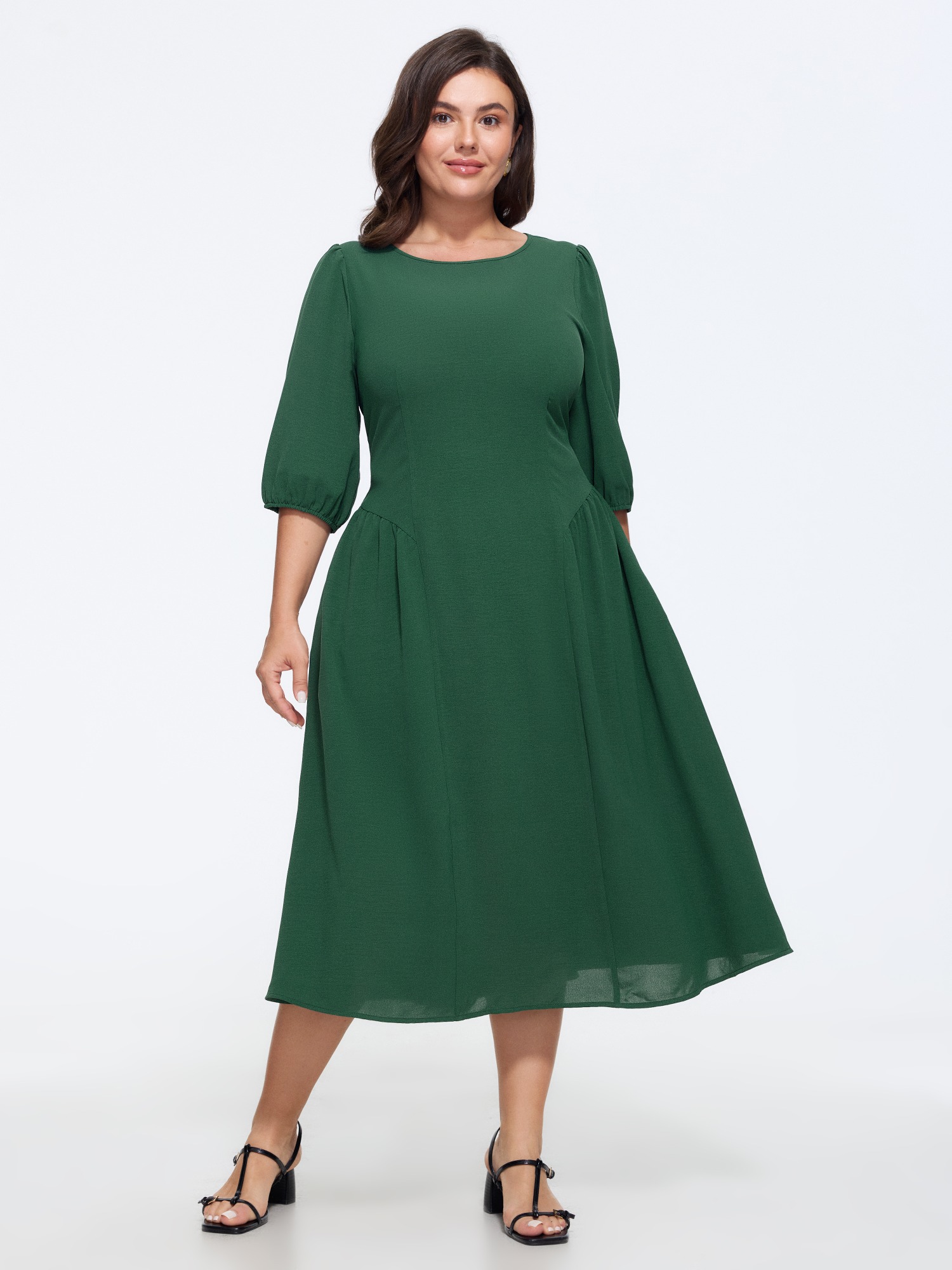 BloomChic Women's Plus Size Round Neck Waist Defining Flowy Midi Dress Teal Solid Midi Everyday-Elegant Smocked 10/M