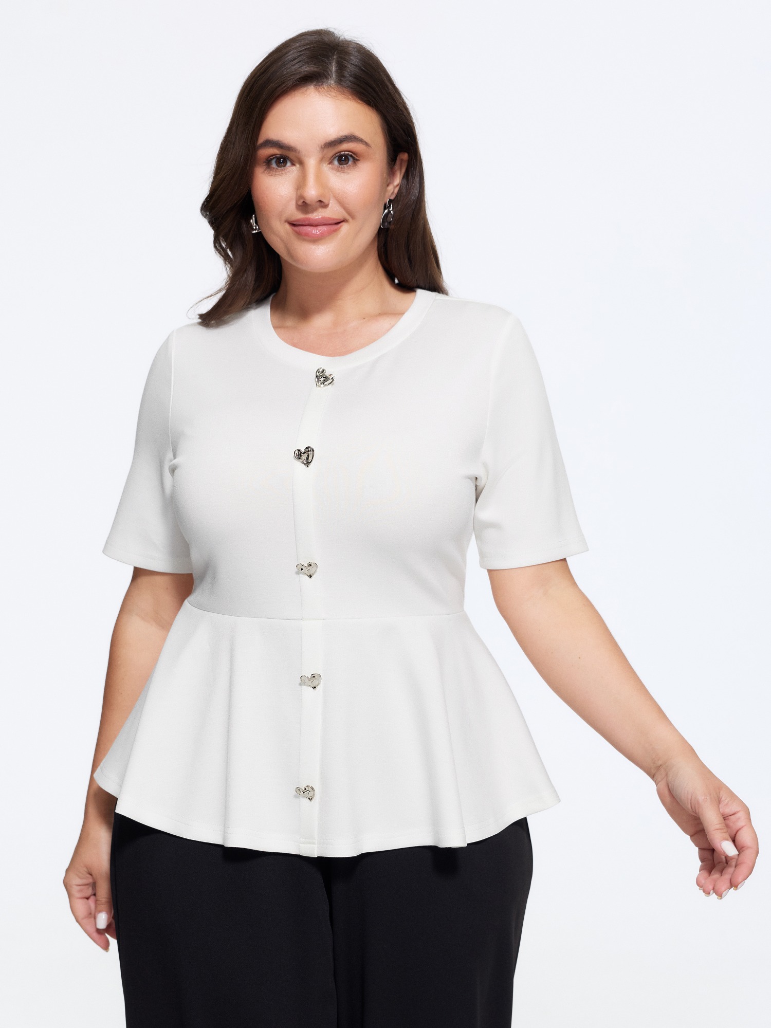 Bloomchic Stretchy Round Neck Heart‑shaped Button Blouse In Whitesmoke