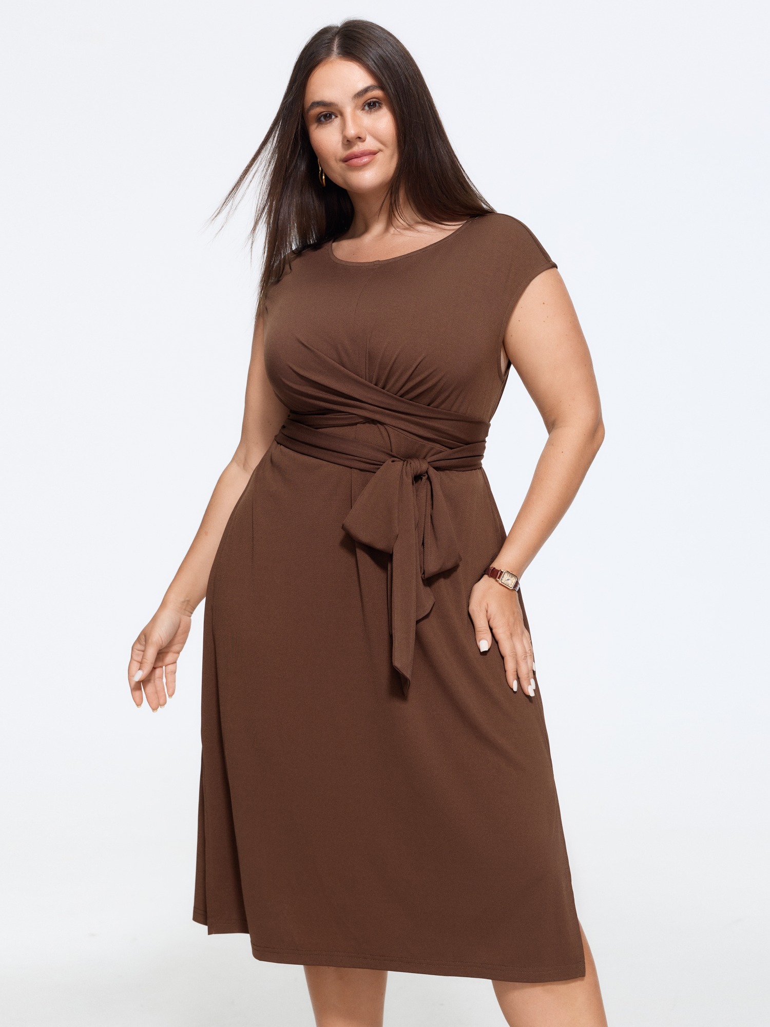 BloomChic Women's Plus Size Stretchy Twist Front Wrap Tie Waist Midi Dress Browncoffeecolor Solid Midi Office Bowknot 10/M