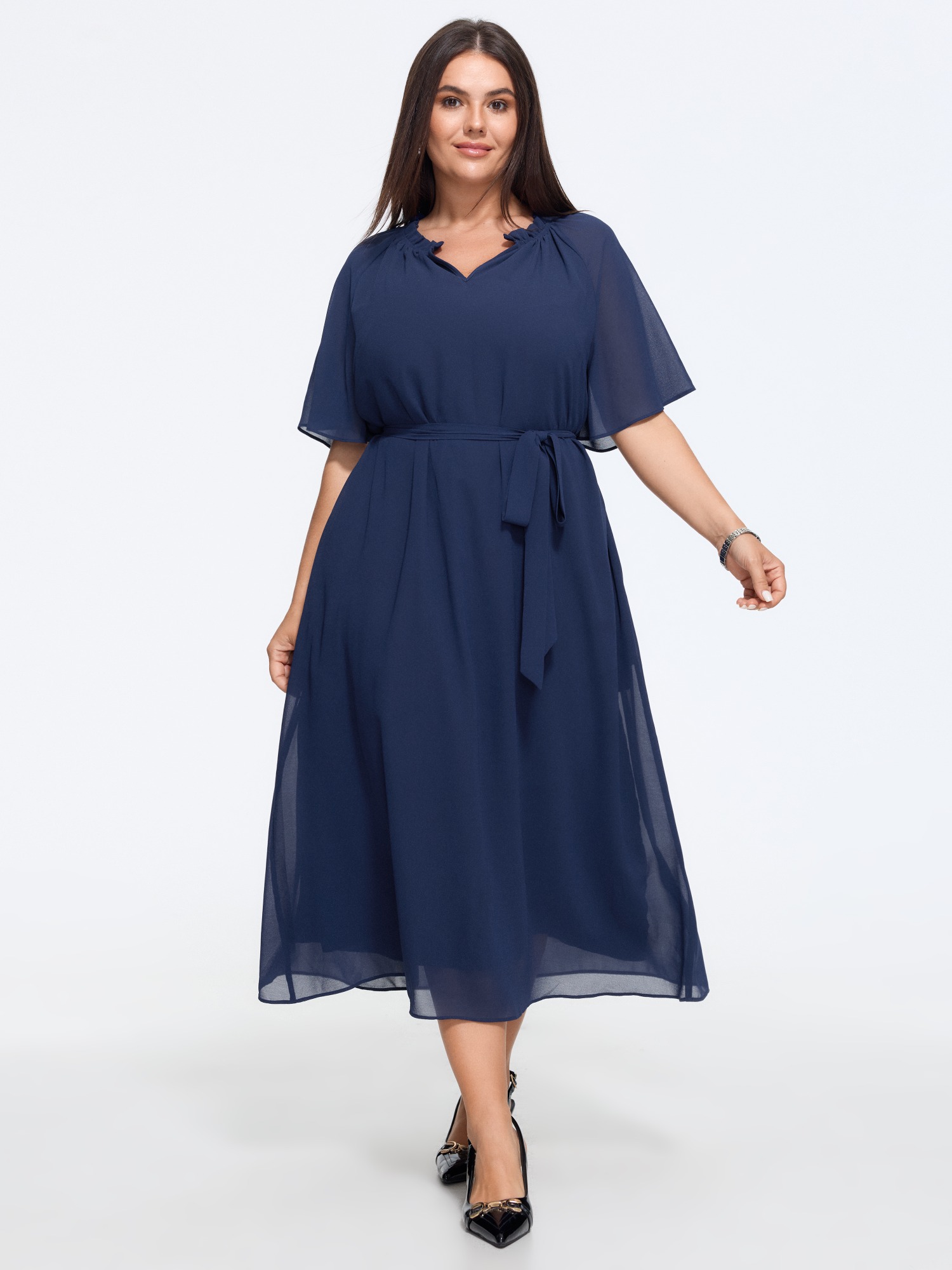 BloomChic Women's Plus Size Plain Flutter Sleeve Tie Waist Chiffon Midi Dress DarkBlue Solid Midi Office Lace-Up 10/M