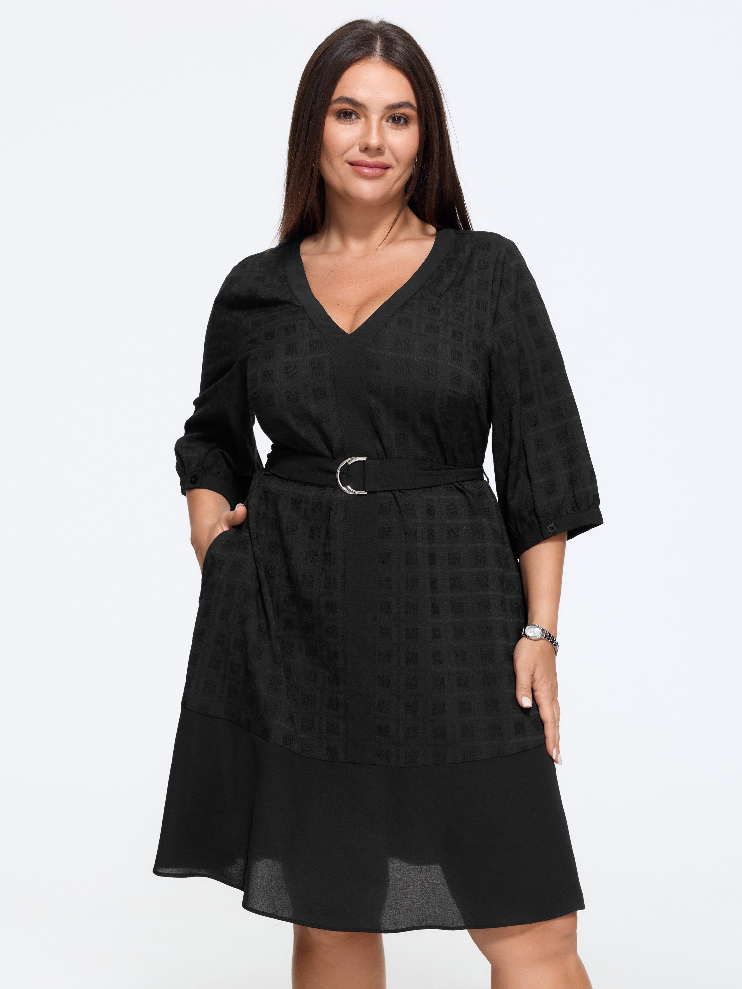 BloomChic Plus Size Textured V-Neck Belted Patchwork Mini Dress - Curve Ladies Black Office Short sleeve Solid Side Pocket Daily Dresses 26-28/3X