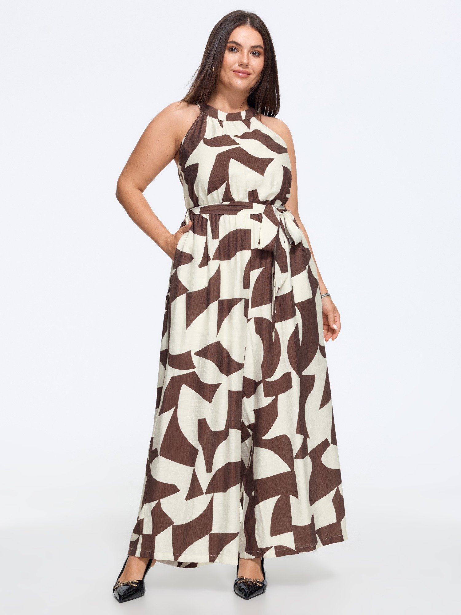 BloomChic Plus Size Geometric Print Halter Neck Tie Waist Wide Leg Jumpsuit - Curve Women's DarkBrown Playsuit - Comfort Waist Fit Side Pocket Wide leg Jumpsuits 14/M