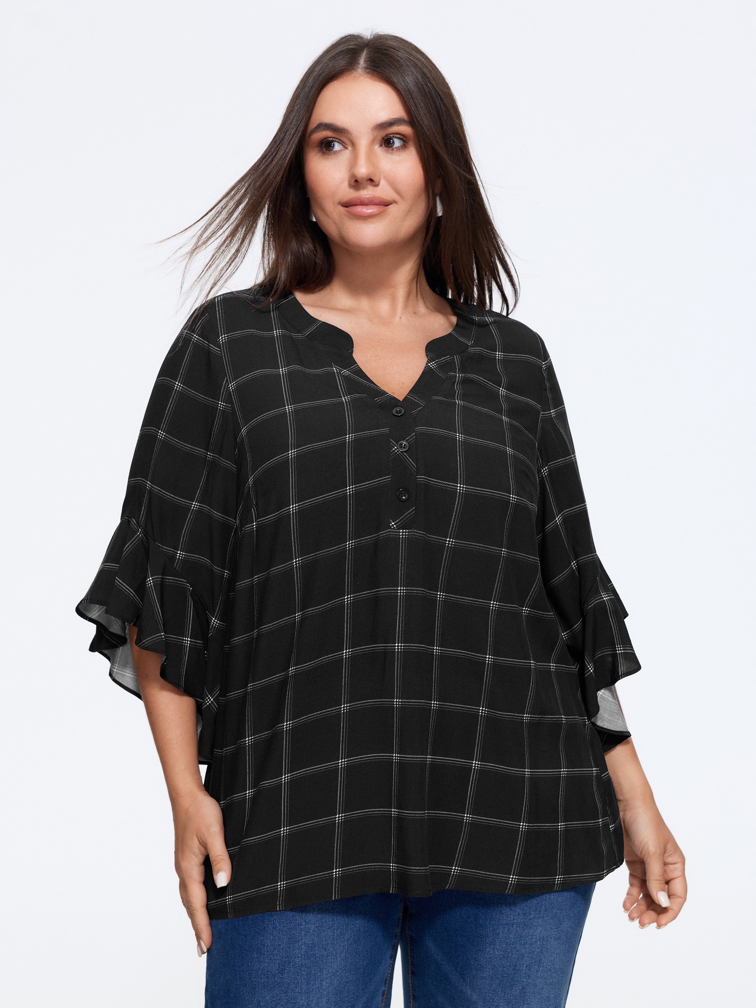 BloomChic Women's Plus Size Plaid Notched Neck Ruffle Sleeve Blouse Black Plaid Office Short sleeve V-Notch Neck 10/M
