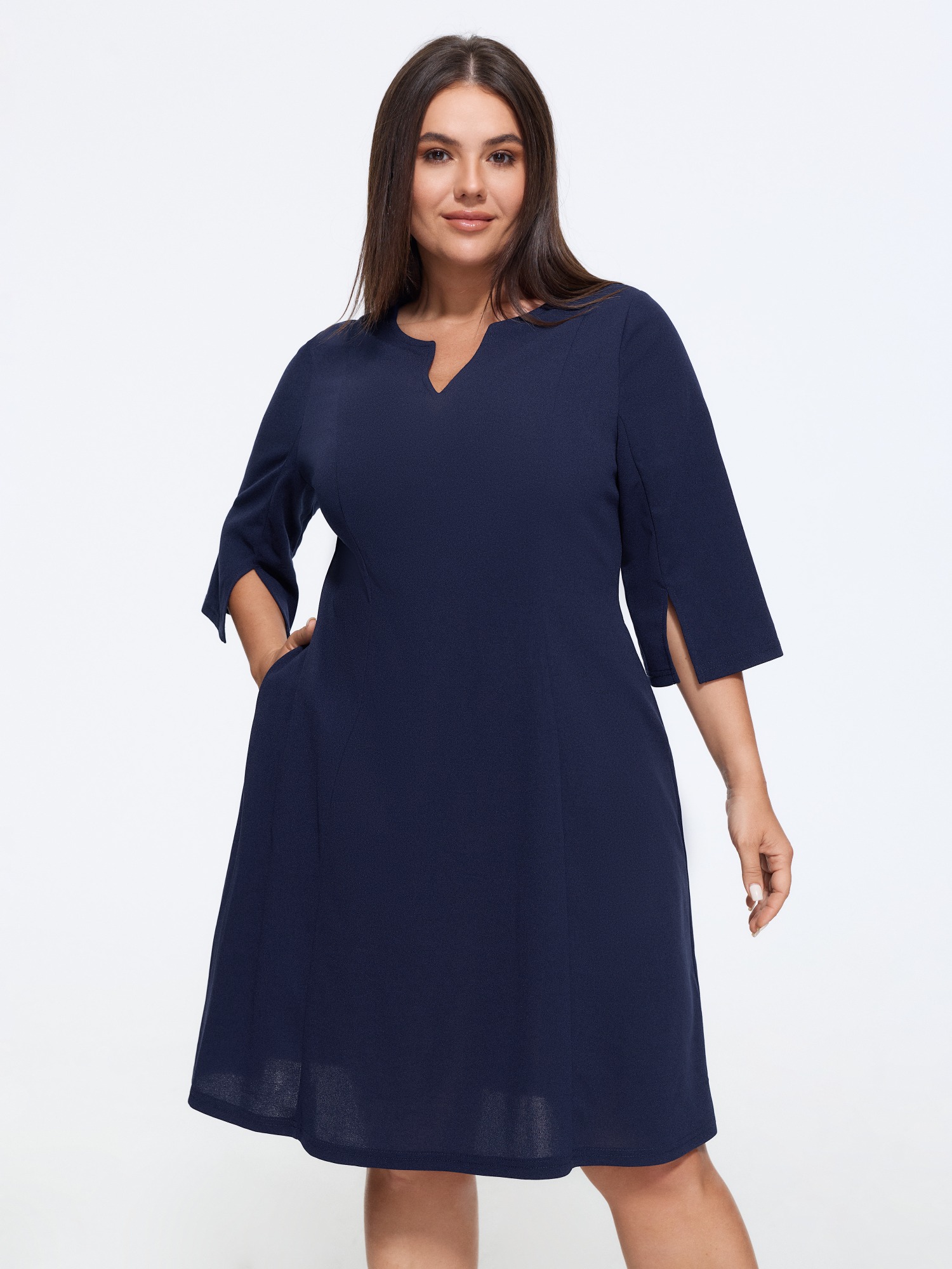 BloomChic Women's Plus Size Notched Collar Split Sleeve Pocket Mini Dress Indigo Solid Knee Length Office Non 10/M