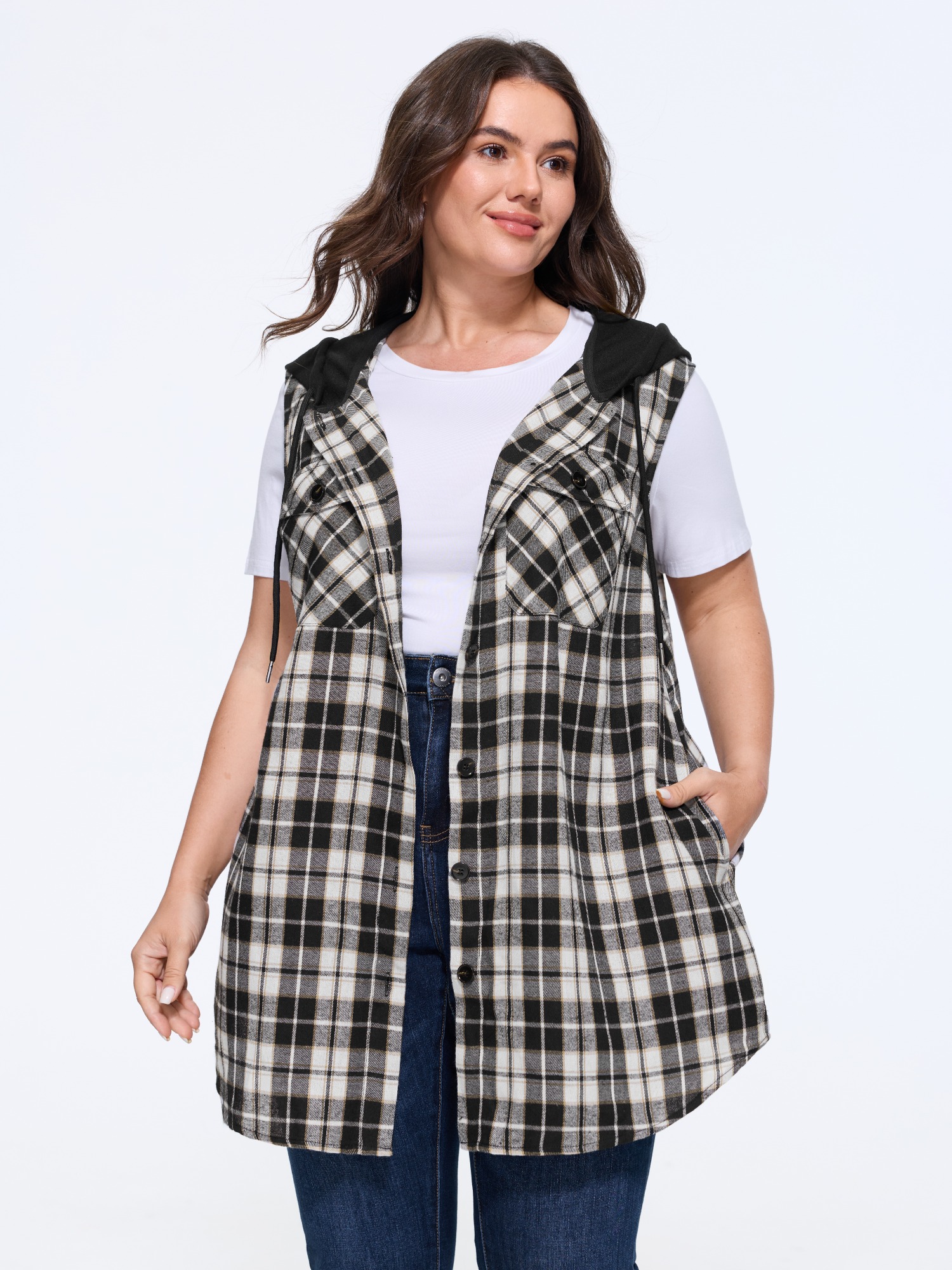 BloomChic Women's Plus Size Plaid Print Hooded Sleeveless Long Vest Black Patchwork 10/M