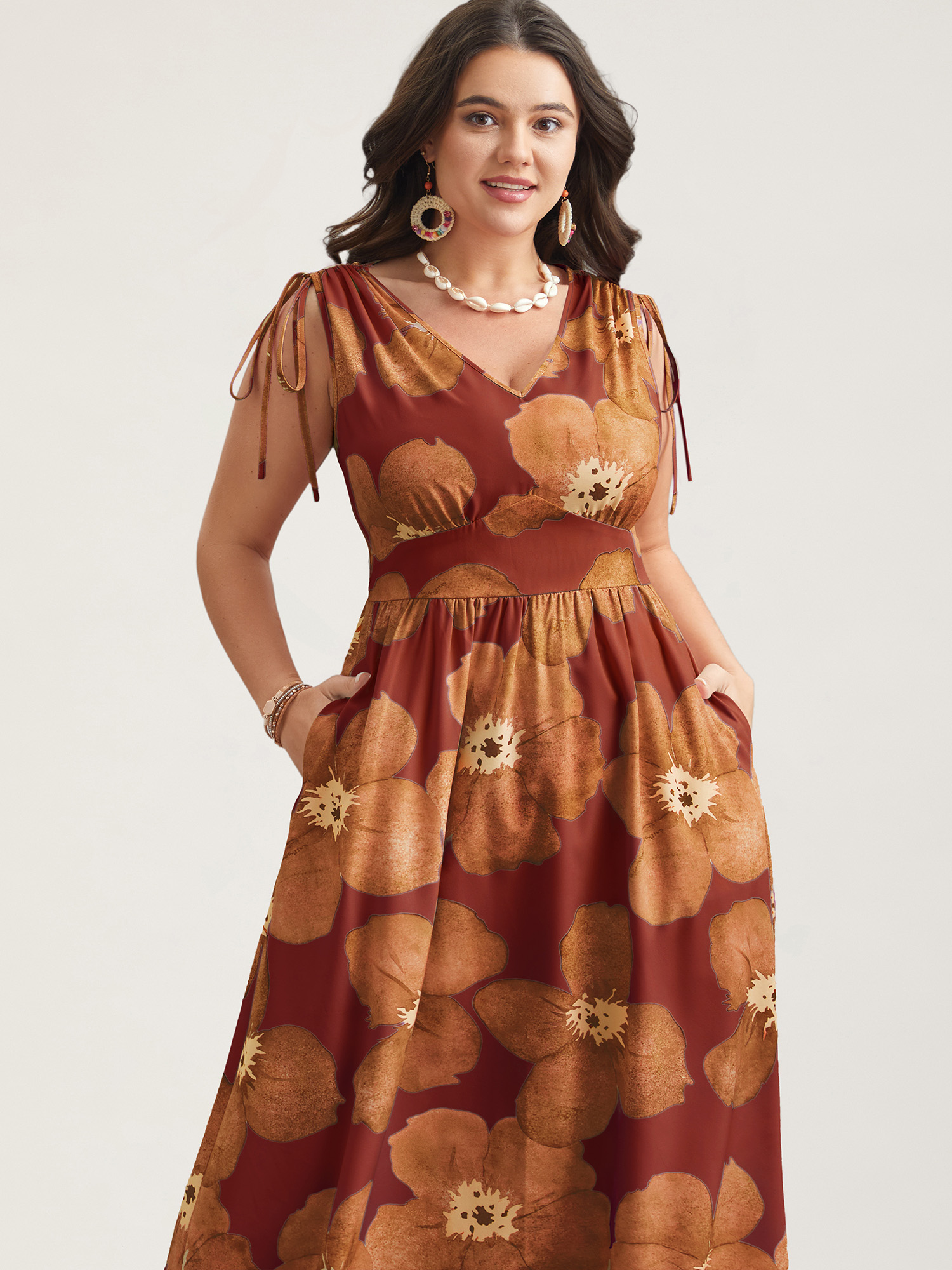 BloomChic Women's Plus Size Floral Print V-Neck Tied Midi Dress Lmperial Popaz Floral Midi Everyday-Elegant Ruched 10/M