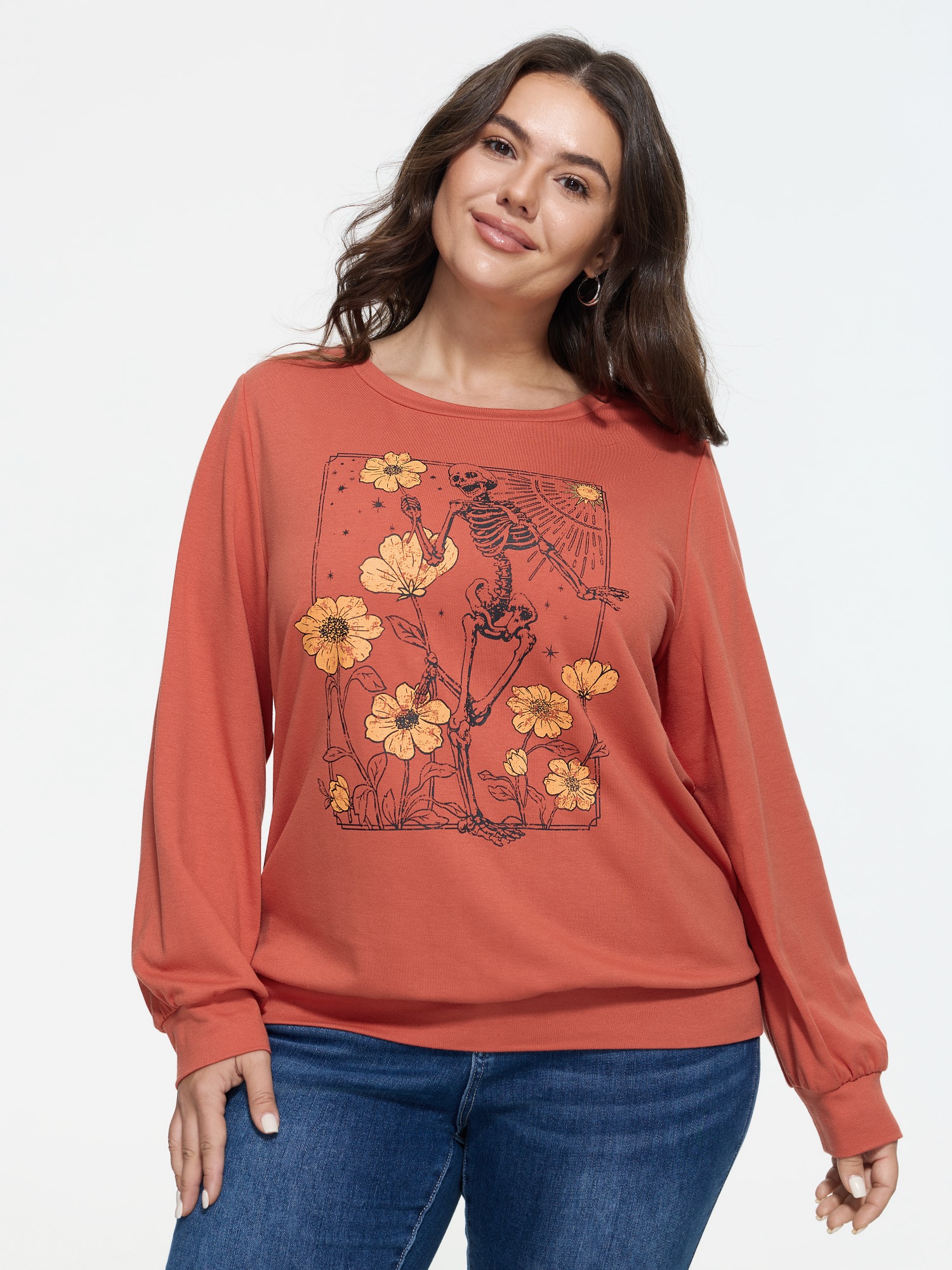 BloomChic Women's Plus Size Vintage Skull Sunflower Print Crew Neck Sweatshirt Pumpkin Halloween Everyday-Casual Round Neck 10/M