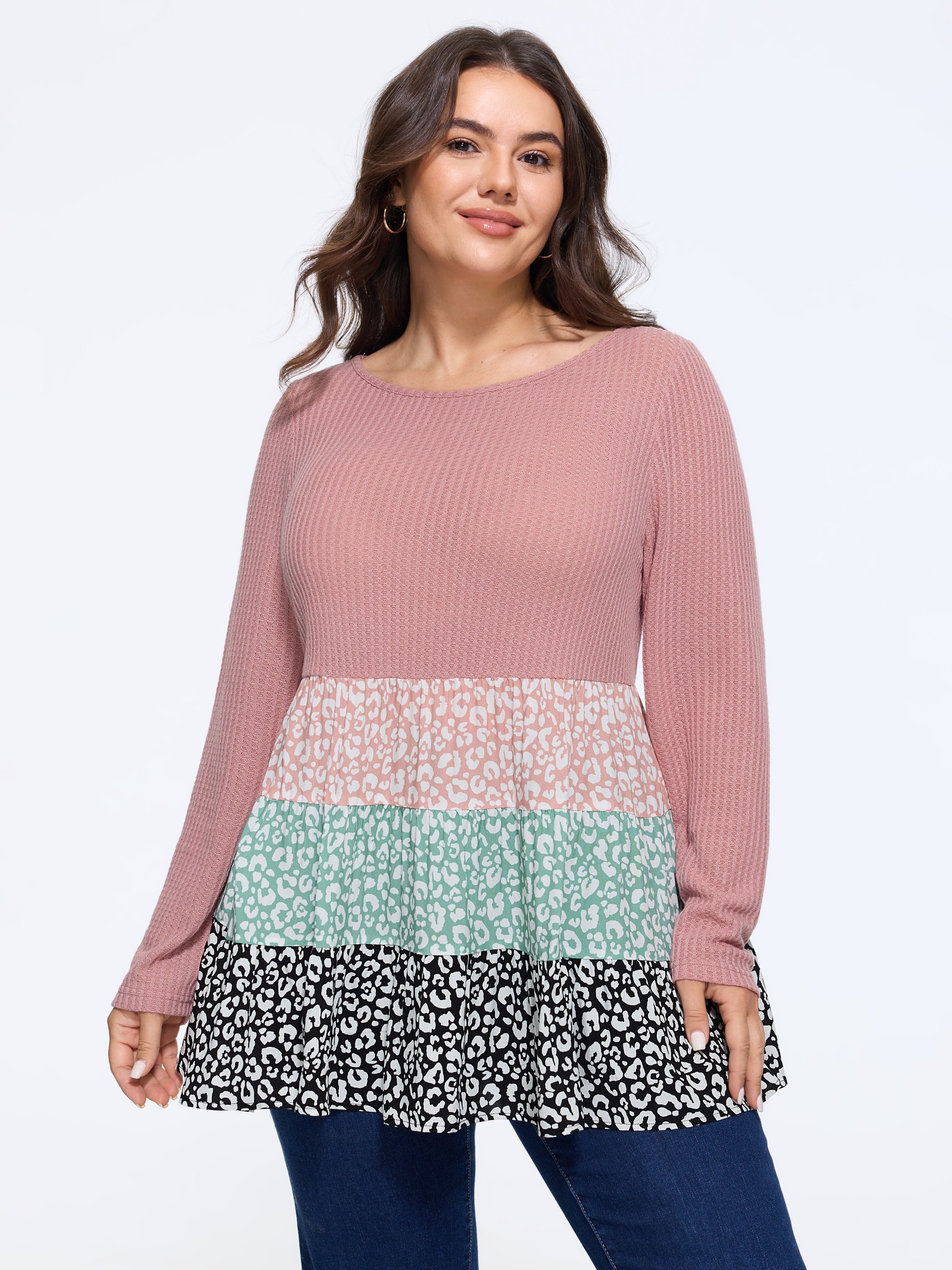 BloomChic Women's Plus Size Multi‑Color Leopard Print Tiered Ruffle Hem Top Crepe Long Sleeve Everyday-Casual Round Neck 12/L
