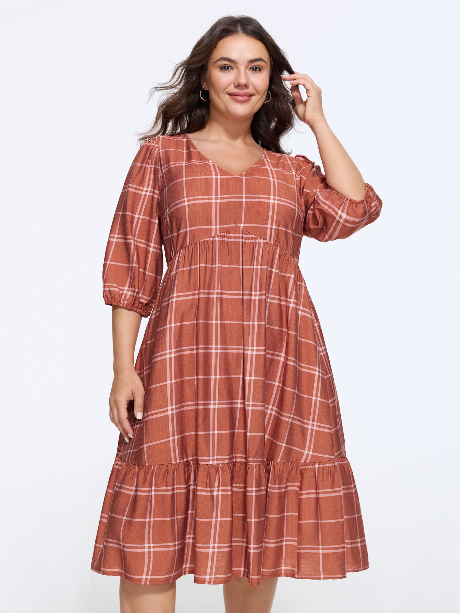 BloomChic Women's Plus Size Plaid V Neck 3/4 Puff Sleeve Midi Dress Potter's Clay Plaid Midi Casual Smocked 10/M
