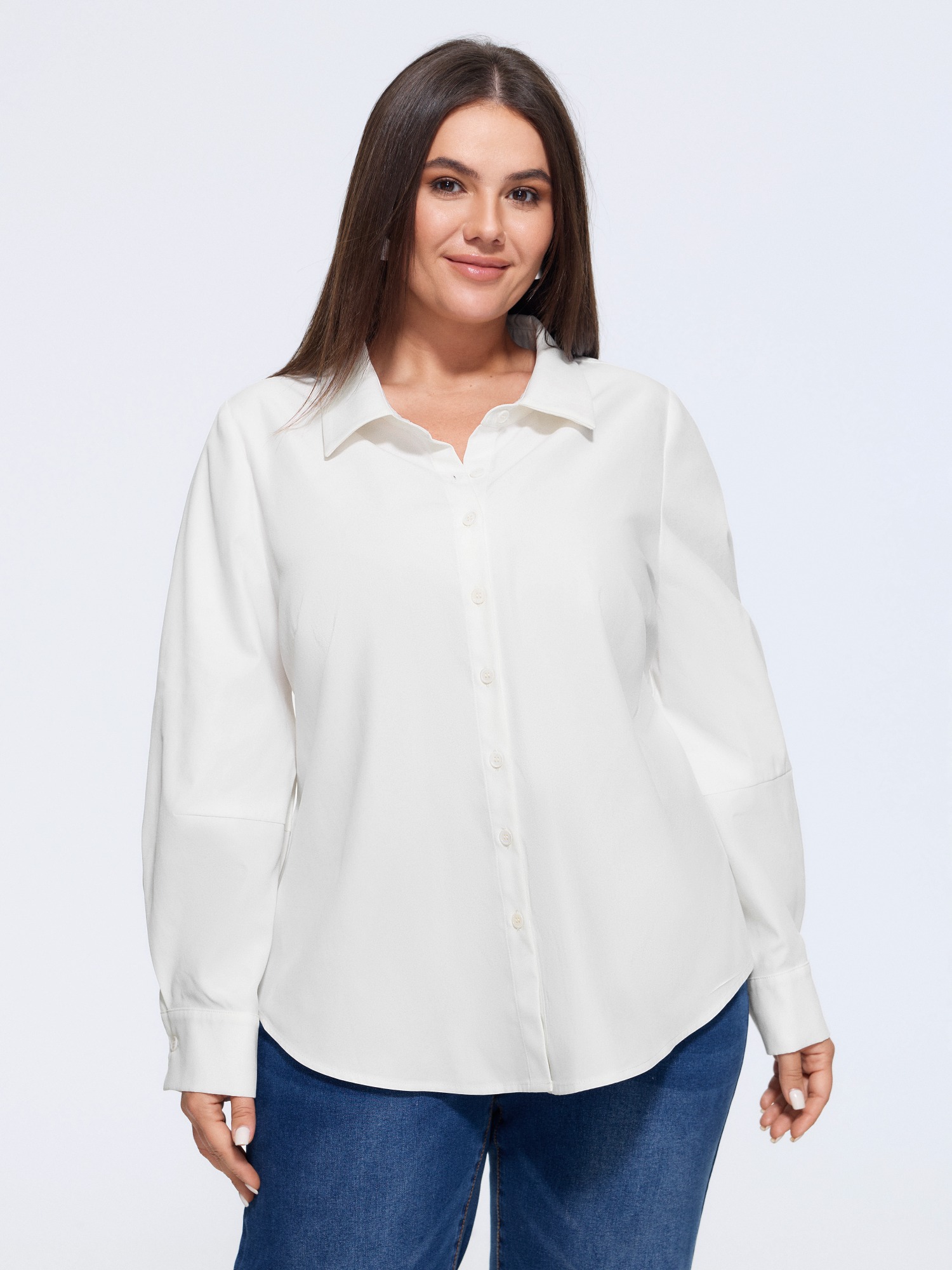 BloomChic Women's Plus Size Plain Curved Hem Button Down Shirt Originalwhite Office Long Sleeve Collared Neck 12/L