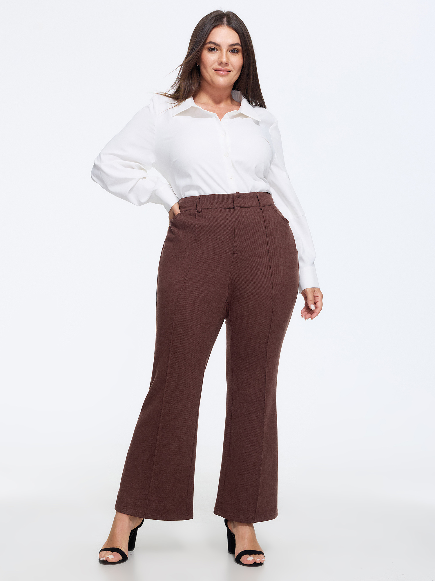 BloomChic Women's Plus Size Stretchy Solid High Waist Draped Flare Pants Plum Solid Flared Mid Rise Everyday-Casual 10/M
