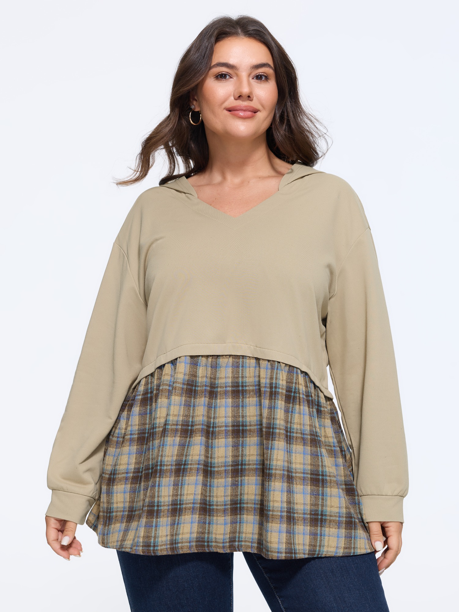 BloomChic Women's Plus Size Color‑Block Plaid Patchwork Hooded Sweatshirt Sage Everyday-Casual Hooded Neck 10/M