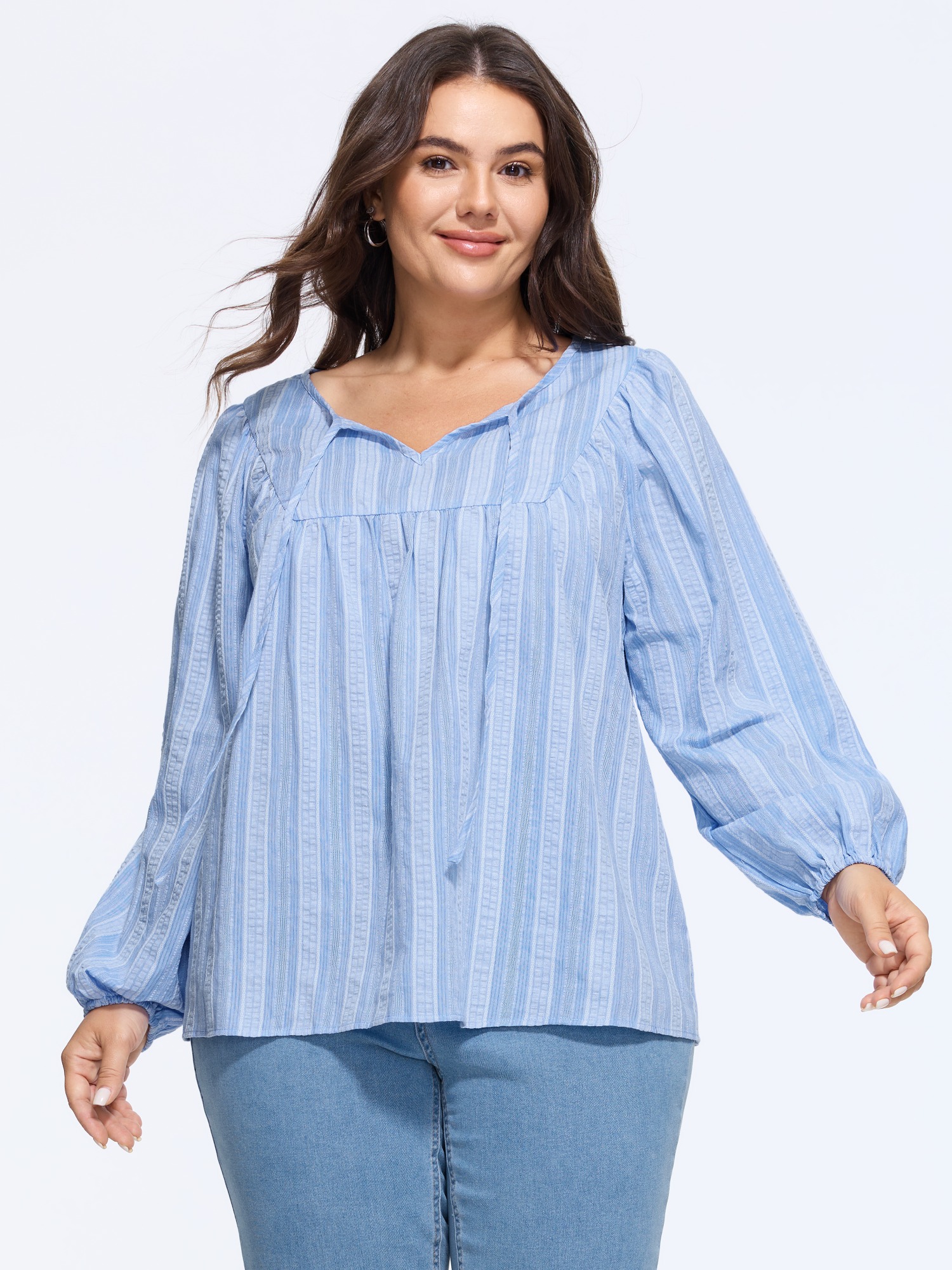 Bloomchic Supersoft Textured Stripe Tie Neck Blouse In Lightblue