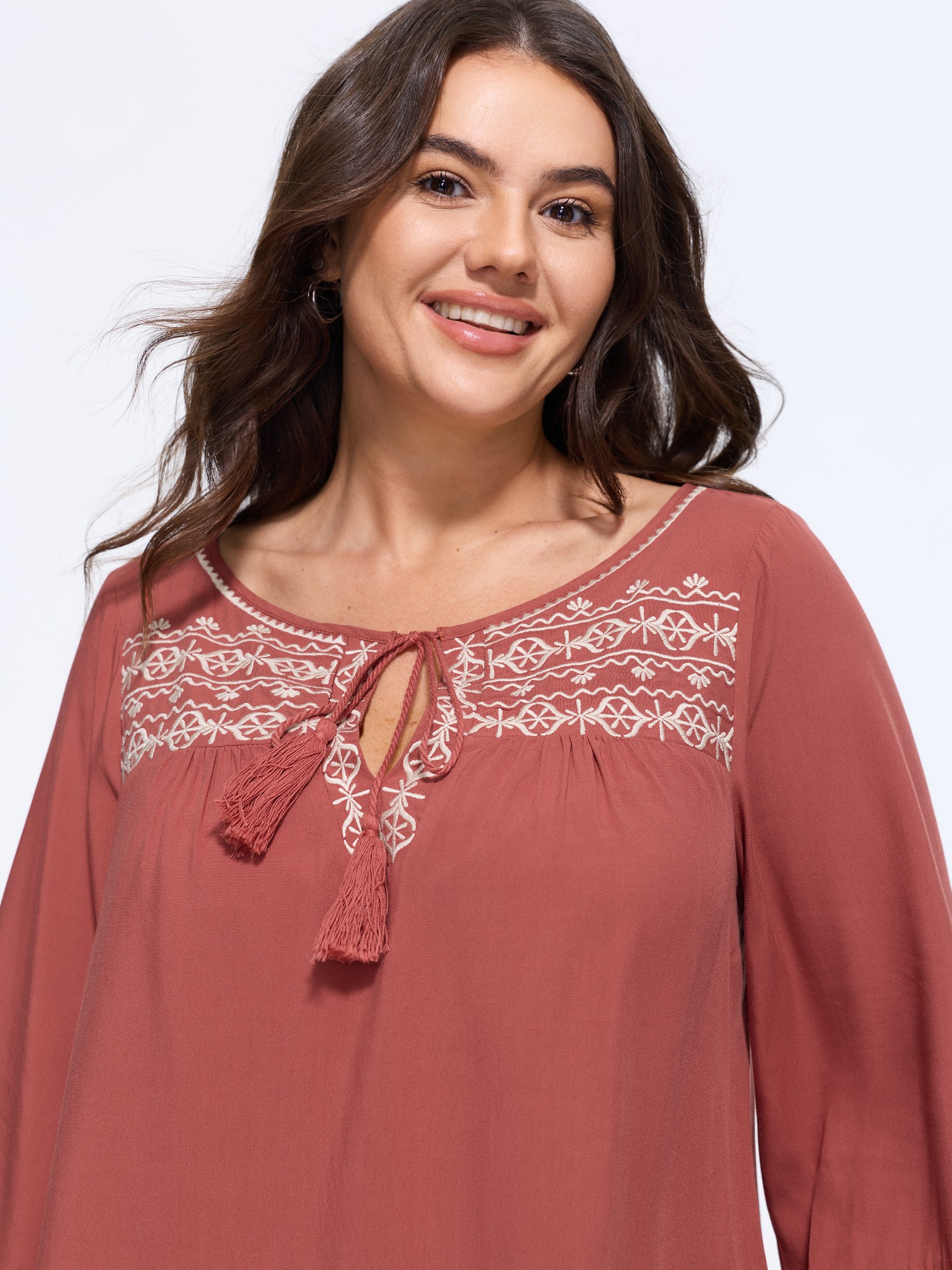 BloomChic Women's Plus Size Supersoft Boho Embroidered Long Sleeve Blouse Nudepink Ethnic Floral Everyday-Casual Long Sleeve V-Notch Neck 10/M