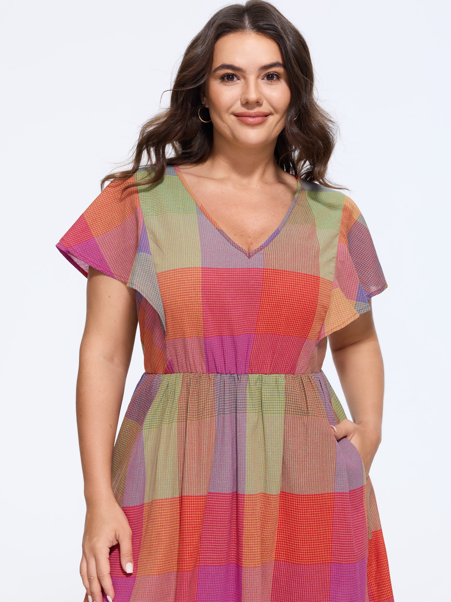 BloomChic Women's Plus Size Cotton Color Block Plaid Flutter Sleeve Tiered Maxi Dress Multicolor Color Block Tall Everyday-Casual Tiered 10/M