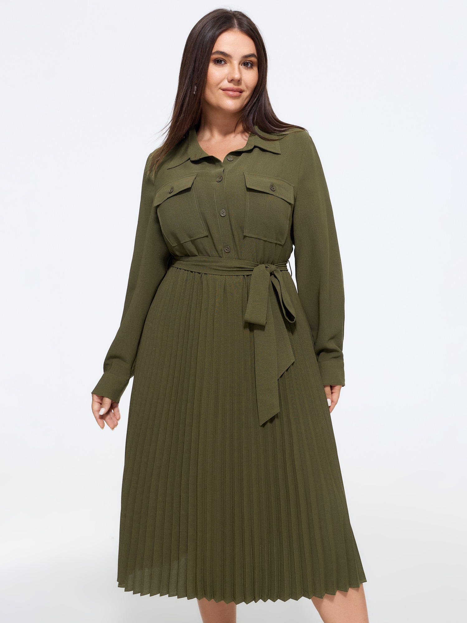 BloomChic Women's Plus Size Button Front Belted Pleated Shirt Midi Dress ArmyGreen Solid Midi Office Lace-Up 10/M