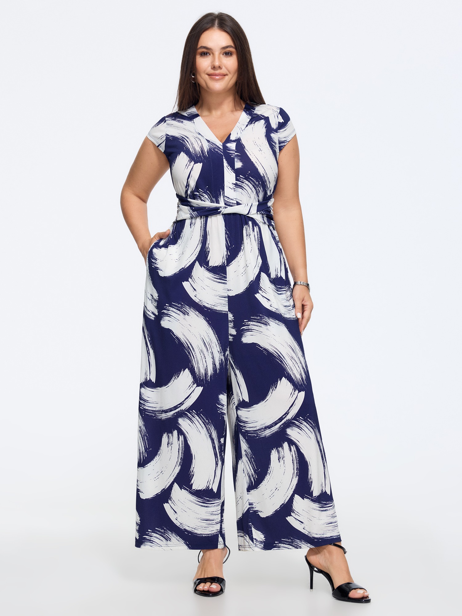 BloomChic Plus Size Brush‑Stroke Print Twist Front Waist Jumpsuit - Curve Women's Indigo Playsuit - Comfort Midsection Fit Side Pocket Wide leg Jumpsuits 14/M