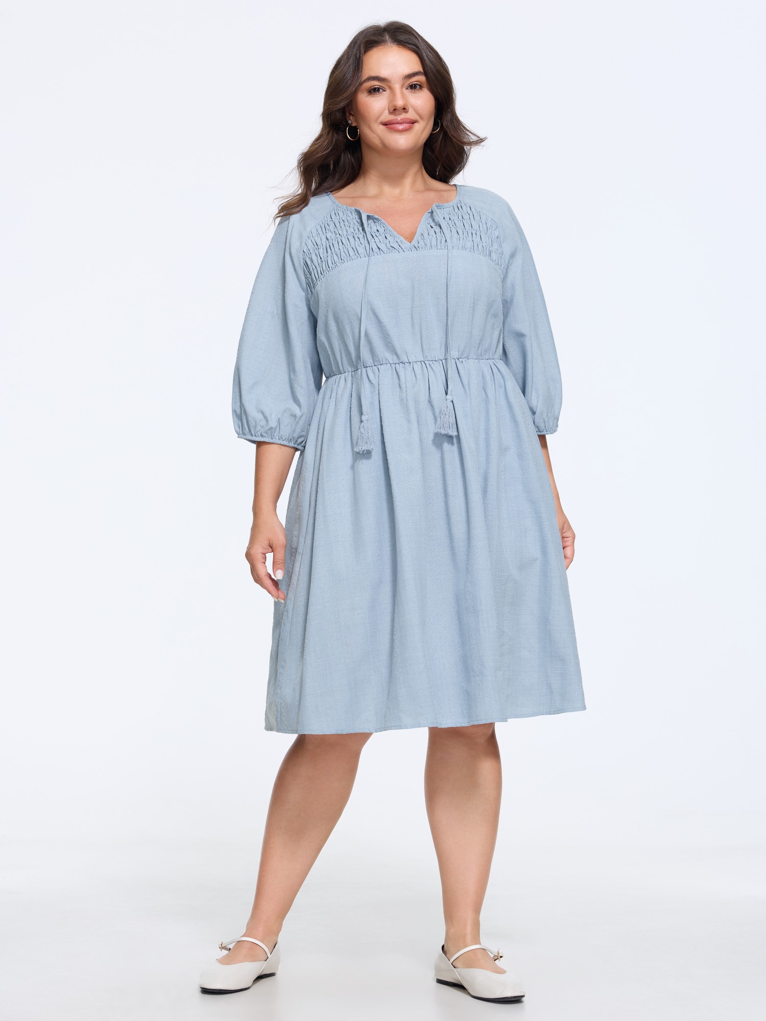 BloomChic Women's Plus Size Textured Tassel Tie Shirred Mini Dress LightBlue Solid Knee Length Everyday-Casual Smocked 10/M