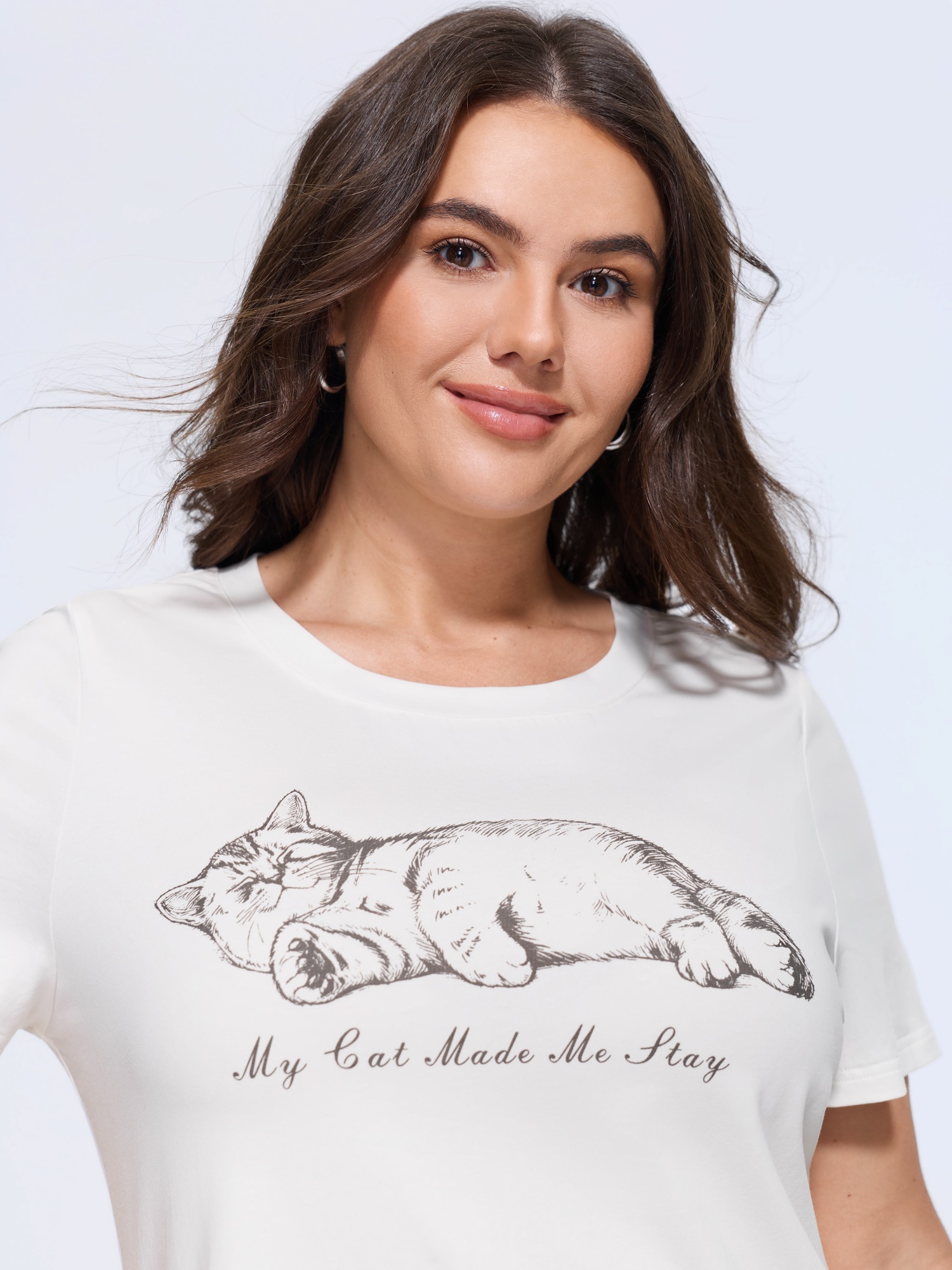 BloomChic Women's Plus Size Cotton Cat Print Crew Neck Casual T‑Shirt WhiteSmoke Solid Everyday-Casual Short sleeve Round Neck 10/M