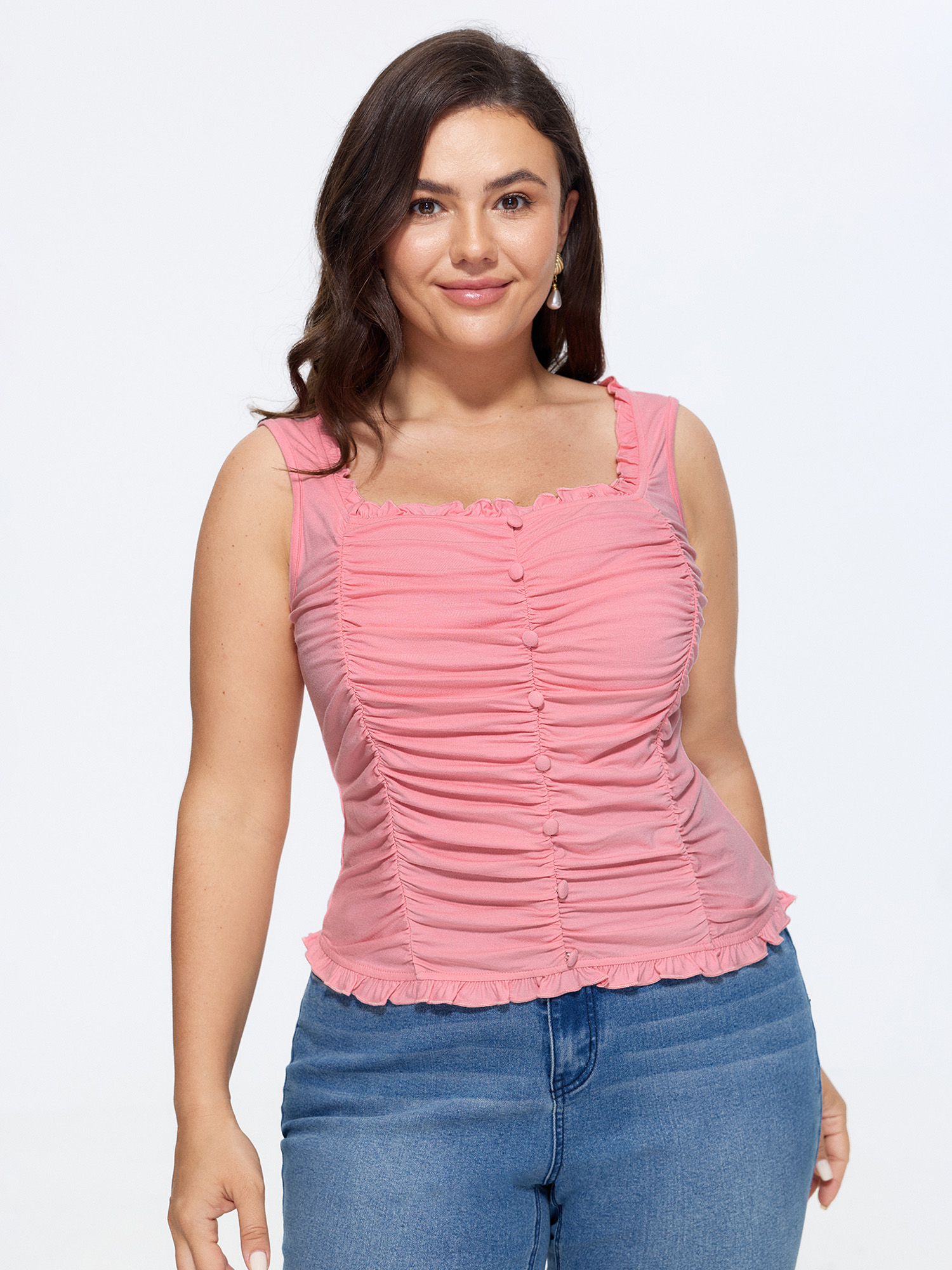 BloomChic Women's Plus Size Stretchy Square Neck Ruffle Trim Ruched Tank Top Crepe Everyday-Elegant Fitted Sheath U-Neck 12/L