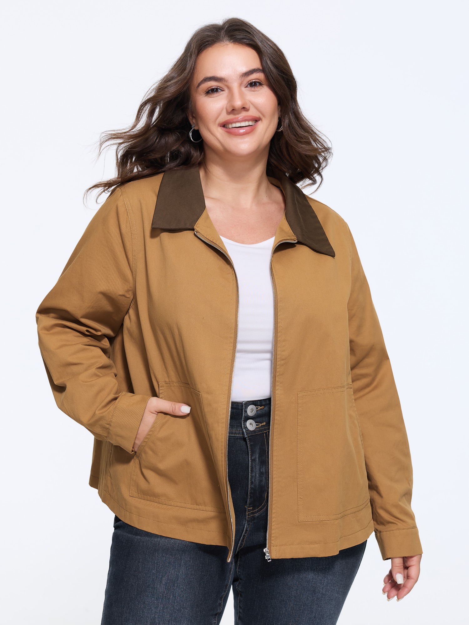 Bloomchic Color Contrast Full Zip Pocket Jacket In Tan