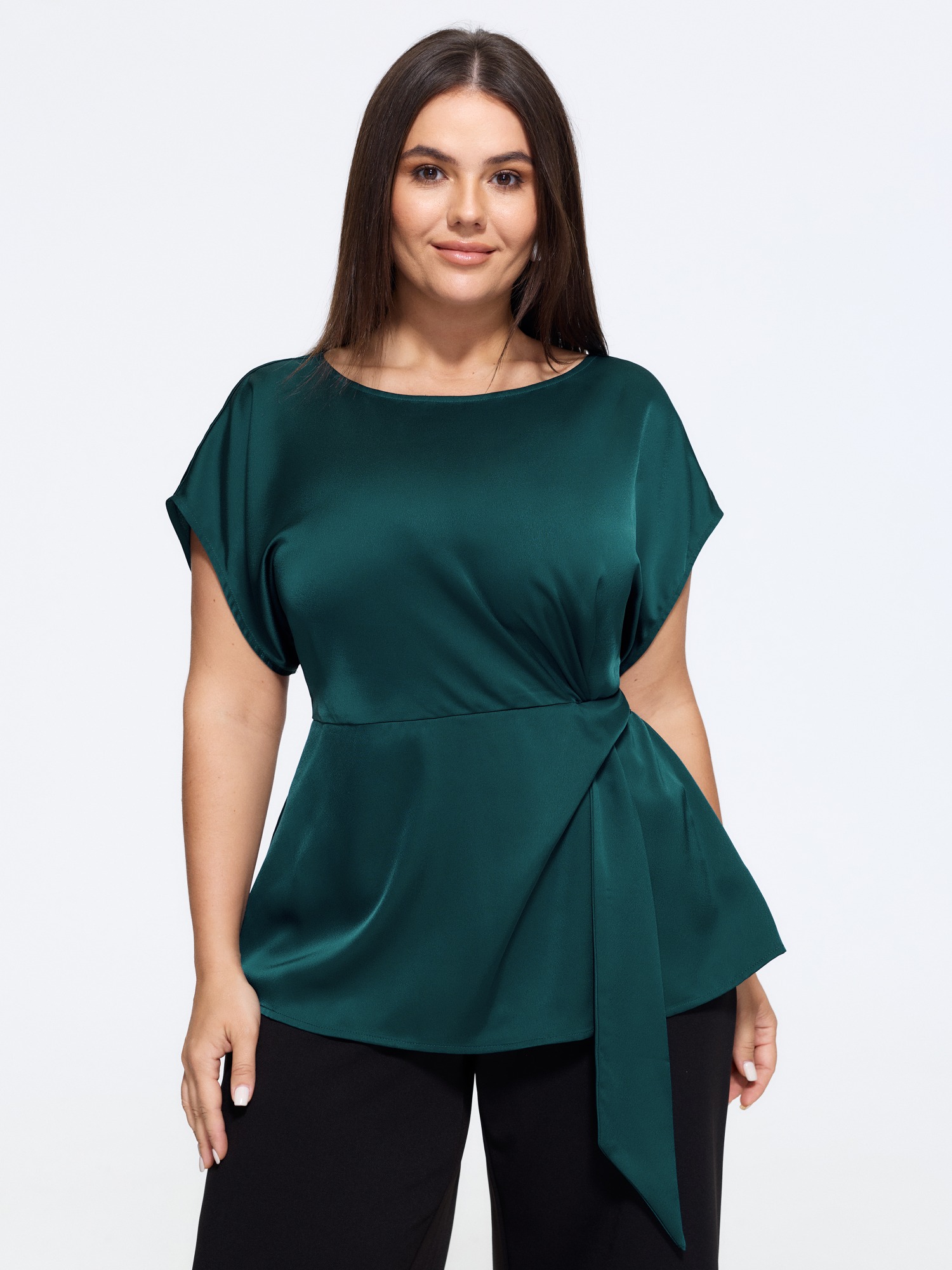 Bloomchic Boat Neck Side Twist Satin Blouse In Cyan
