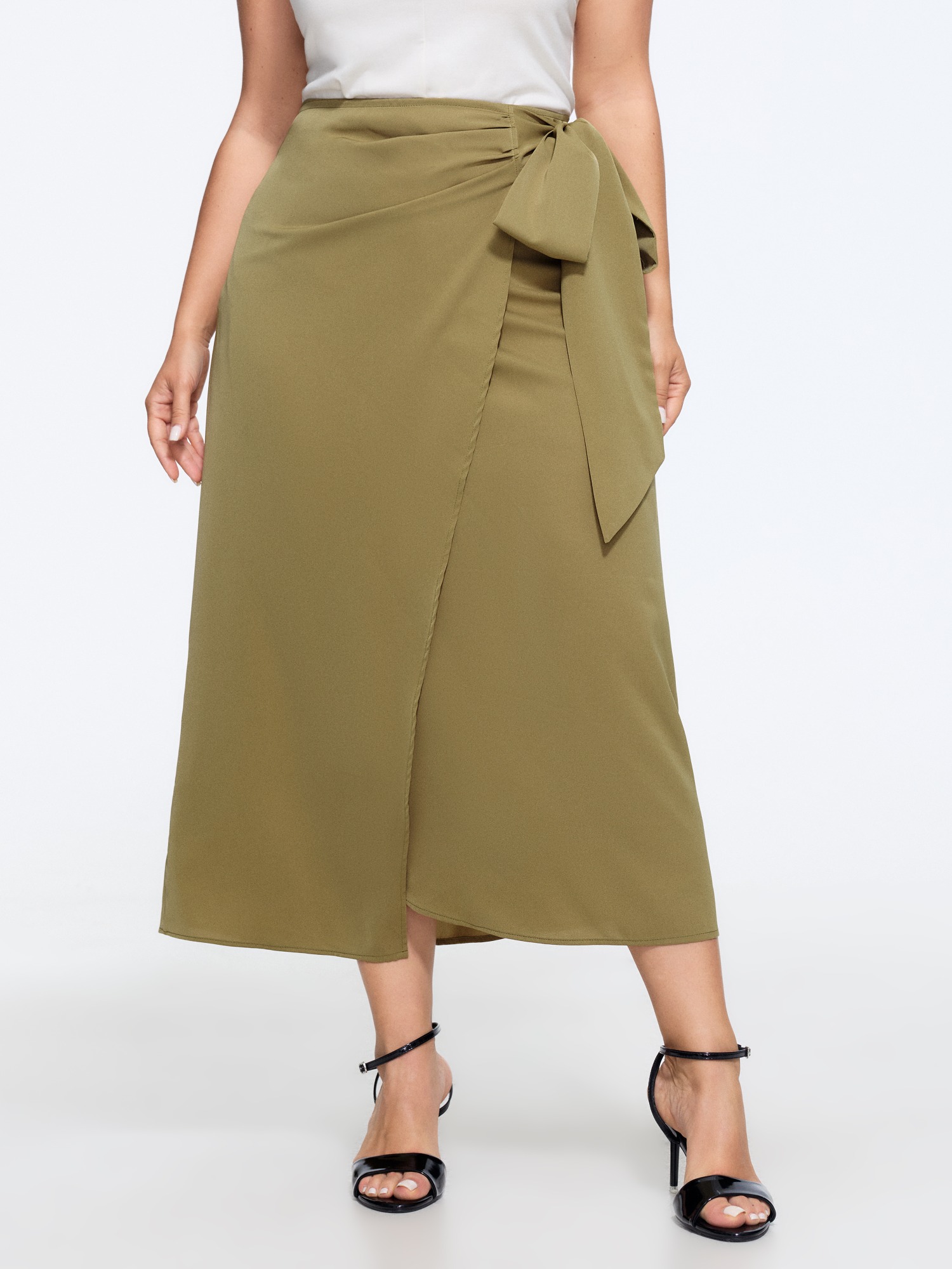 BloomChic Women's Plus Size Solid Side Tie Bow Wrap Midi Skirt Olive Wrap / Overlap Straight fit Office 10/M