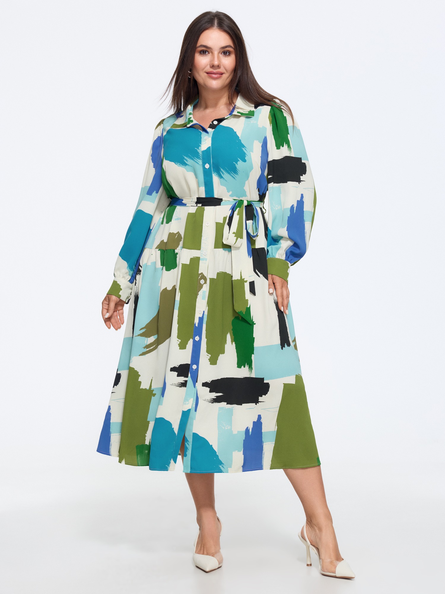 BloomChic Women's Plus Size Abstract Brush Print Tie Waist Midi Dress Multicolor Ripple Midi Office Lace-Up 10/M