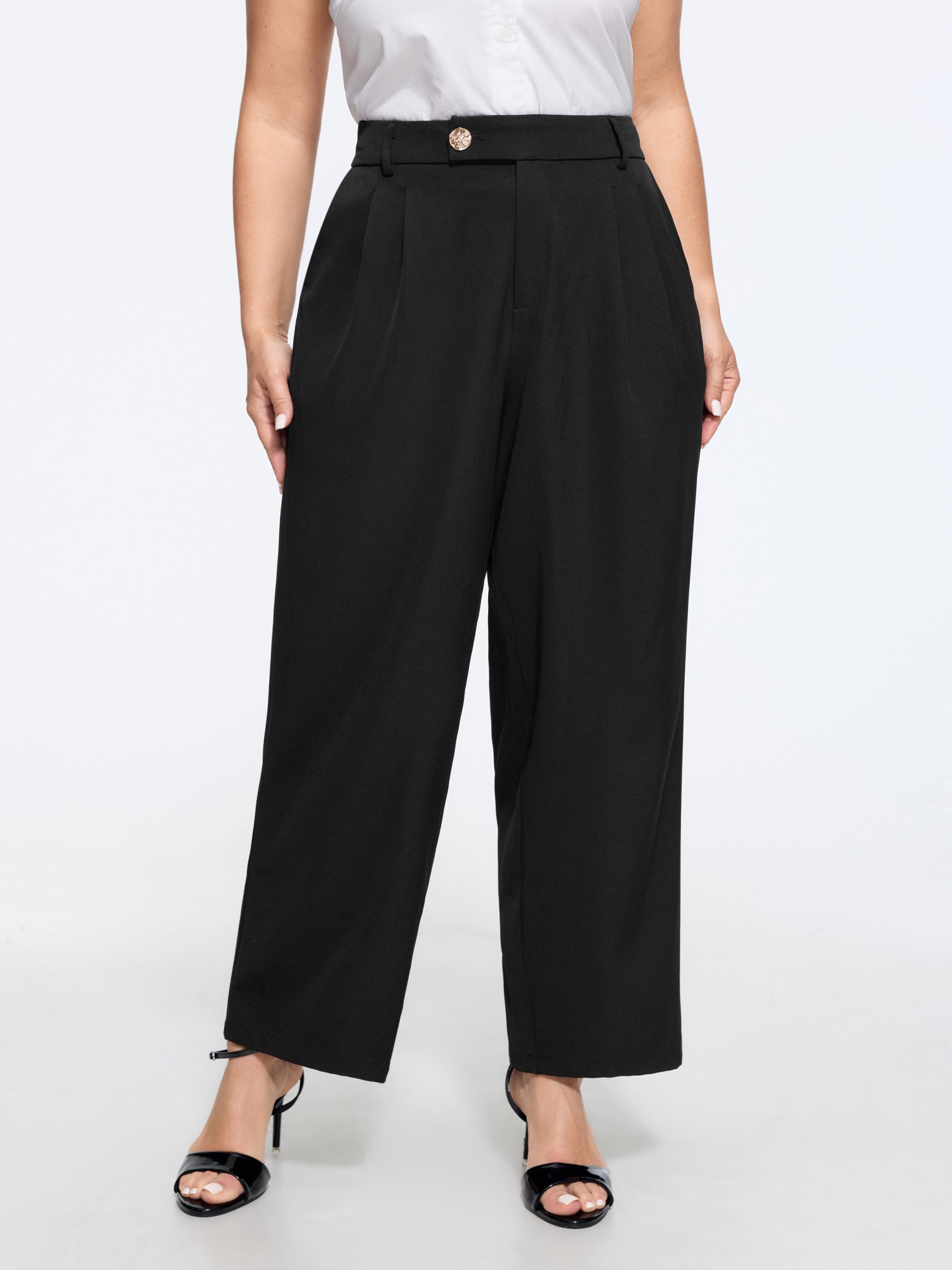 BloomChic Women's Plus Size Stretchy Metal Button Pleated Straight Leg Pants Black Solid Straight fit Mid Rise Office 22-24/3X